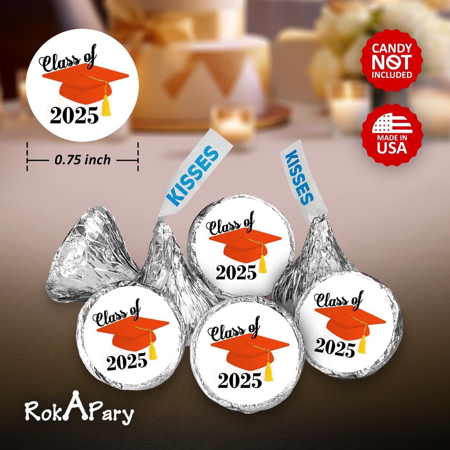 216 Graduation Party Cap Class of 2025 Kisses Stickers Labels, Grad Party Favor Decorations. Made in USA (Orange)