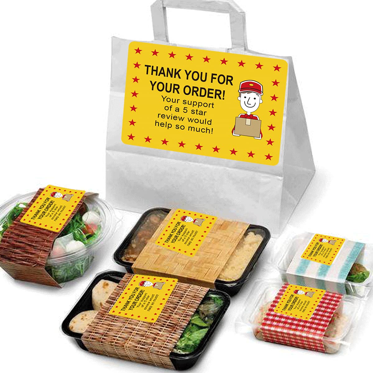 250 Pcs Star Review Delivery Labels Thank You for Your Order Stickers 2 x 3 Inch - Food Delivery Tamper Evident Sealed for Freshness Labels Stickers for Food Package Takeout Yellow