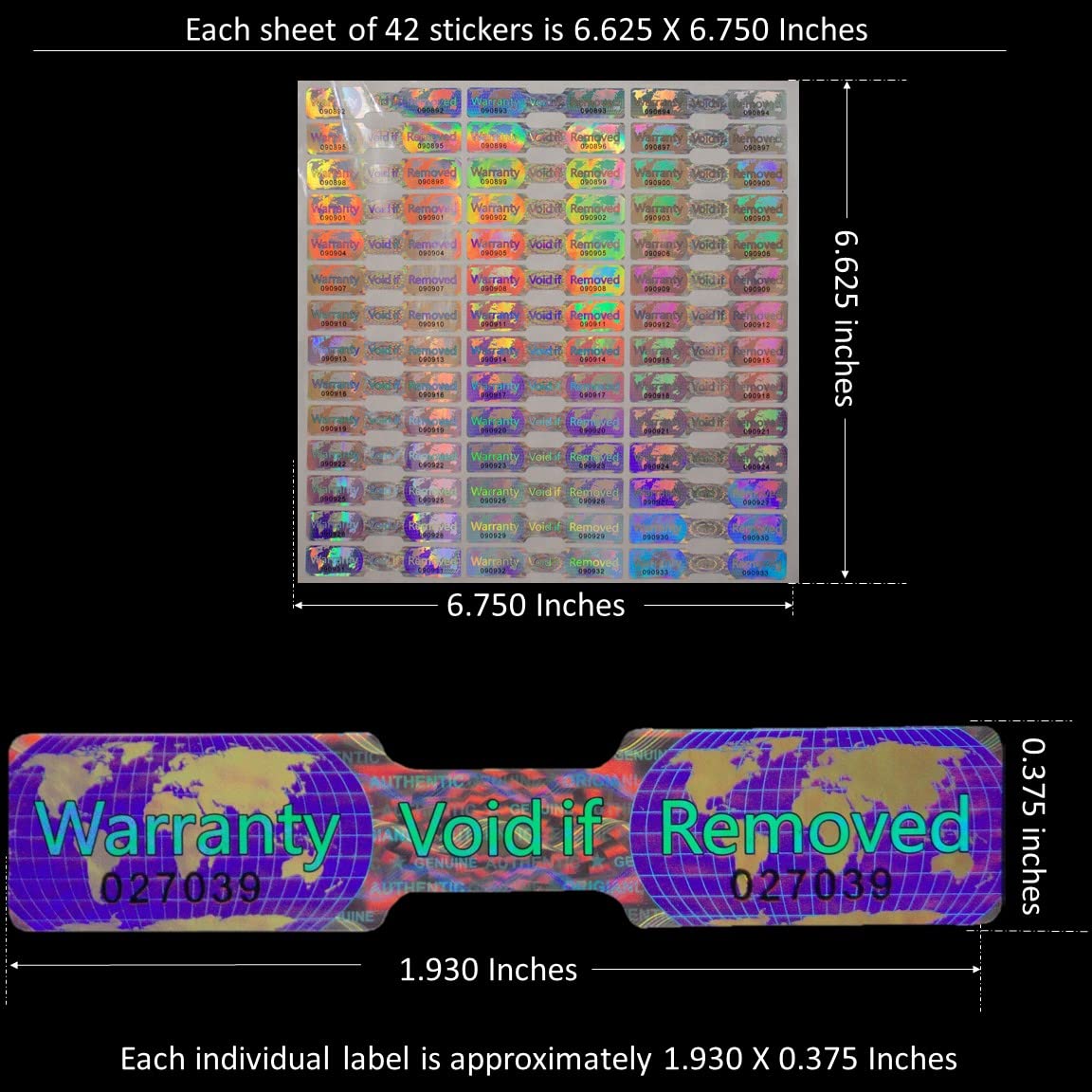 210 Hologram Tamper Proof Stickers. Tamper Evident Tape. Warranty Void if Removed. Individual Serial Numbers. Large 1.930 x 0.375 inches. (210 Stickers) 210 Stickers