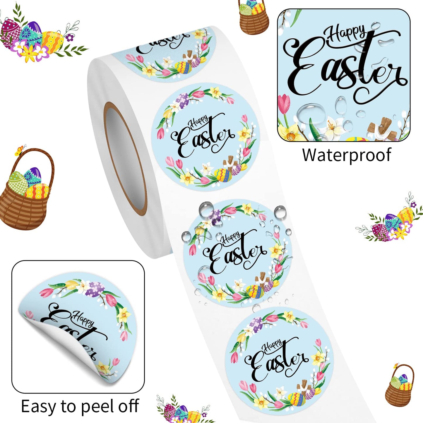 Happy Easter Sticker Rolls, 1.5 Inches 500 PCS Holiday Stickers for Kids and Adults, Round Label Stickers for Goodie Bags, Gift Favors Box, Cards, Beer Bottle, Party Supplies Floral Wreath