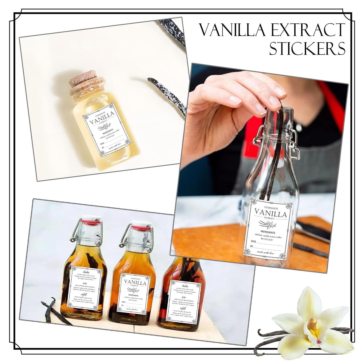 120pcs Homemade Vanilla Extract Stickers with Instructions - 1.5x2 Inch Handcrafted Vanilla Bottle Labels for 2oz, 4oz, 8oz Bottles Black