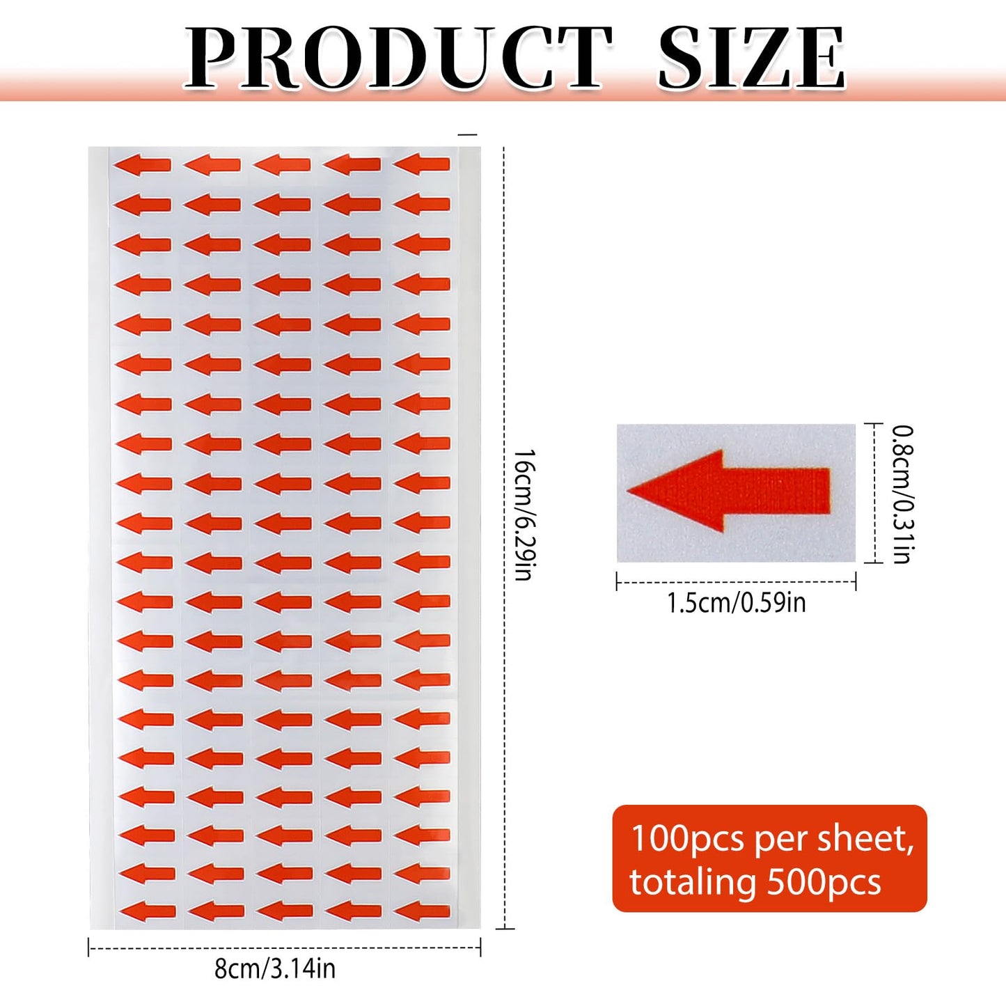 500pcs Vinyle Red Arrow Stickers Labels, Small Arrow Stickers 1/2 Inch Self Adhesive Red Arrow Labels Stickers, Small Rectangle Red Arrow Labels, (5 Sheets, 100pcs/Sheet)