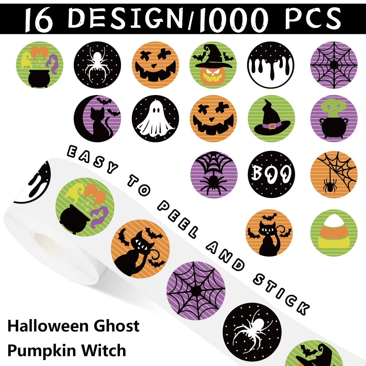 1000Pcs Halloween Stickers Ghost Pumpkin Witch Label Stickers Adhesive Paper Decals for Party Decor Supplies, 2 Rolls, 16 Designs