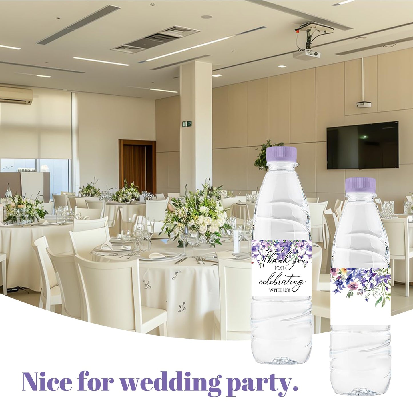 Water Bottle Labels, 50Pcs Purple Flowers Thank You for Celebrating with Us Waterproof Bottle Sticker for Wedding Birthday Graduation Baby Shower
