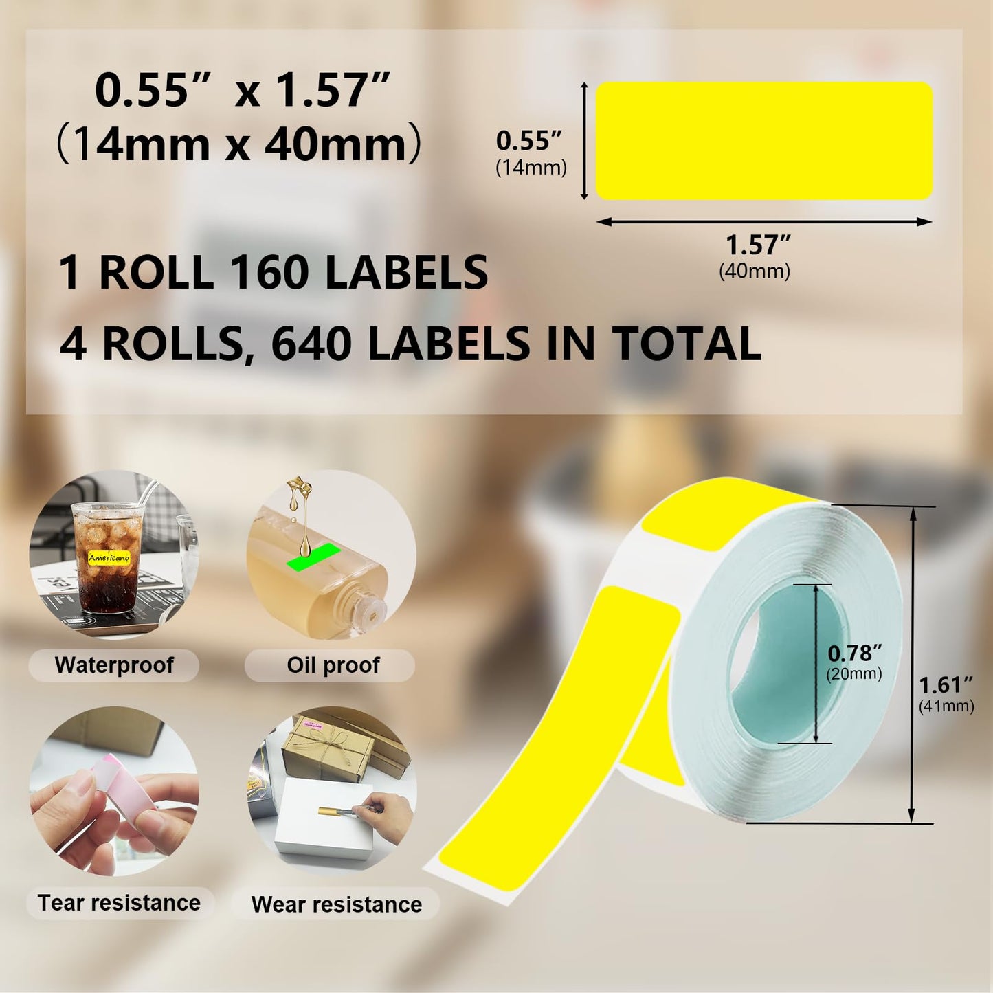 Thermal Label Tape 0.55"x1.57"(14x40mm) 4 Rolls,640Pcs,Waterproof,Oil-Proof,Strong Adhesive Thermal Labels,Compatible with D30 Portable Thermal Printer,for Home,Office,Storage,Yellow. Yellow