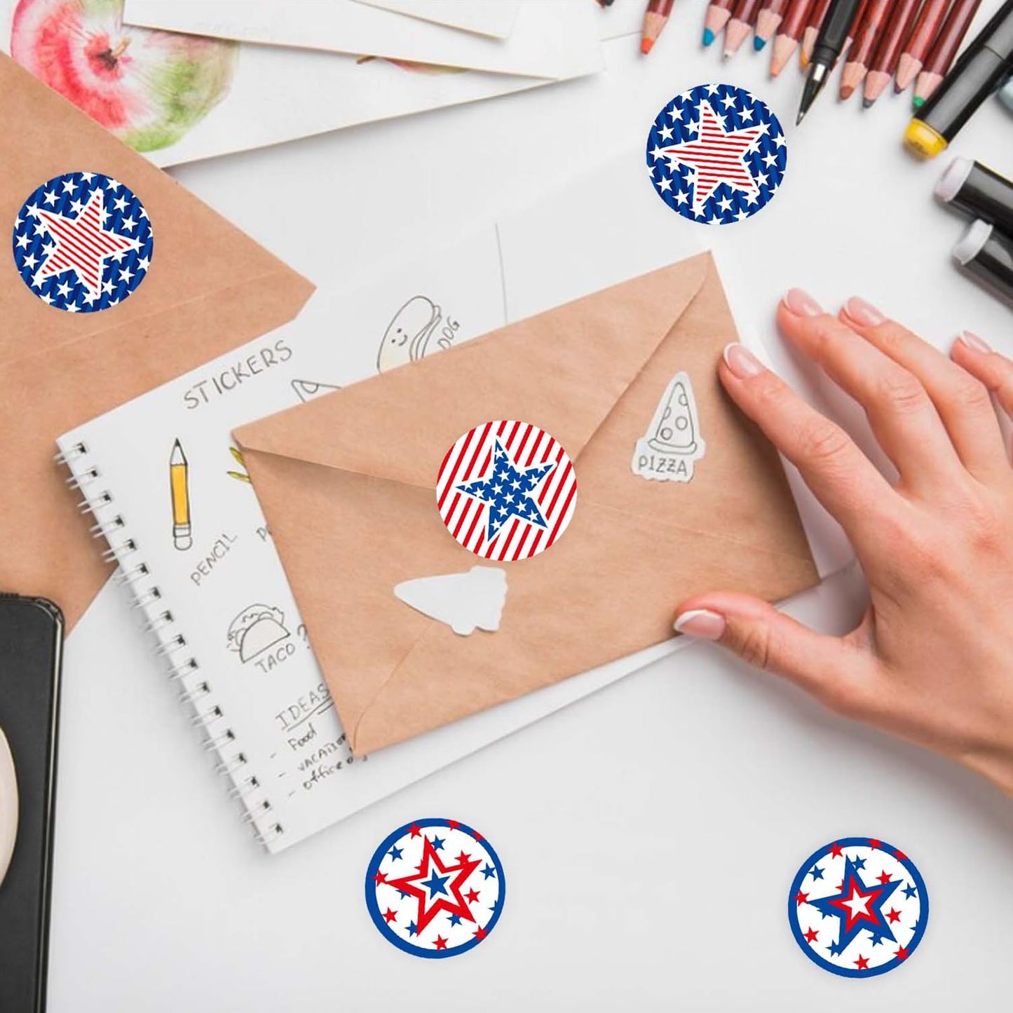 500 Pcs American Round Stars Flag Stickers Roll 1.5 Inch US 4th of July Patriotic Stickers 4 Designs Small USA Stars Red White Blue Decals Adhesive Label Decorative for Kids Face Car Party Supplies