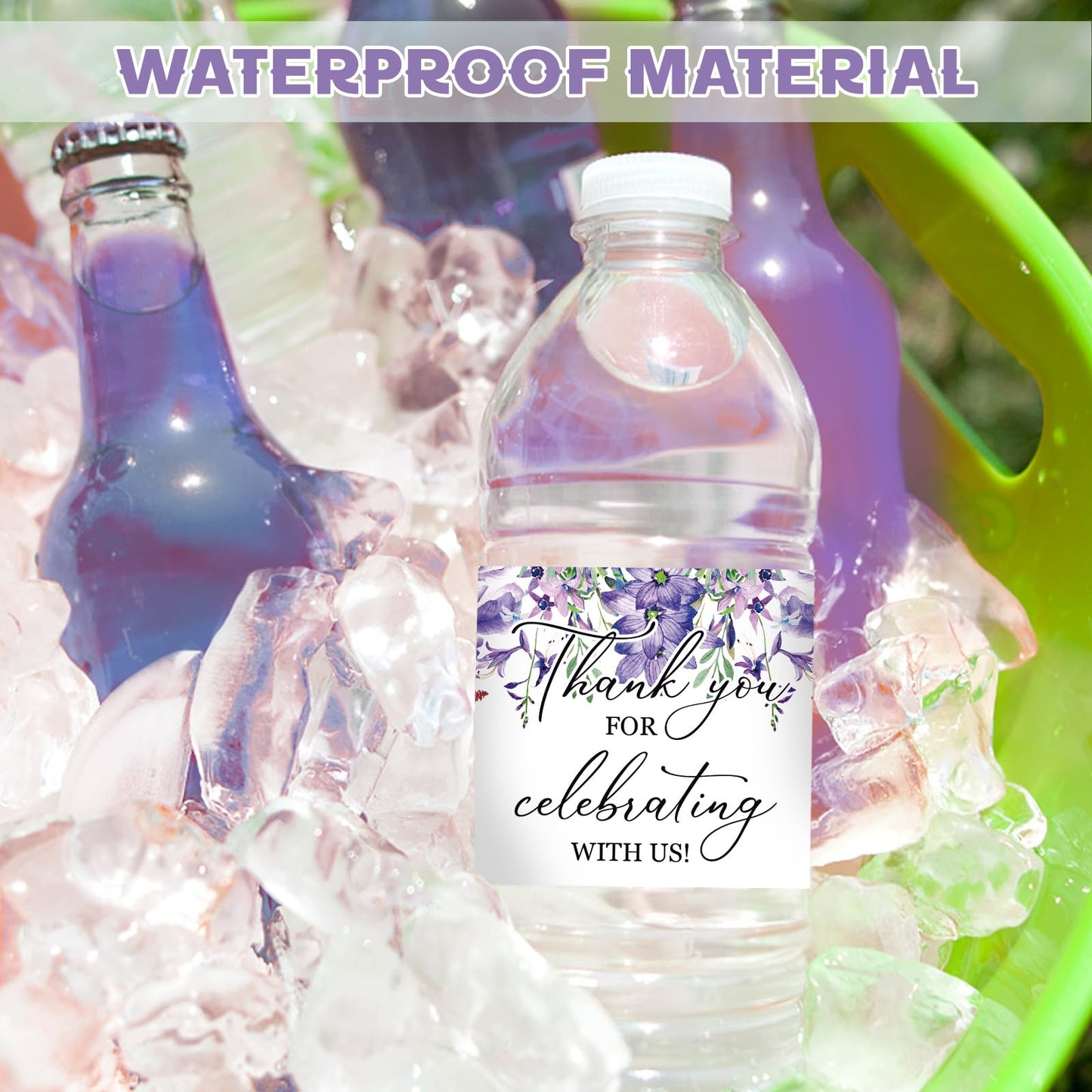 Water Bottle Labels, 50Pcs Purple Flowers Thank You for Celebrating with Us Waterproof Bottle Sticker for Wedding Birthday Graduation Baby Shower