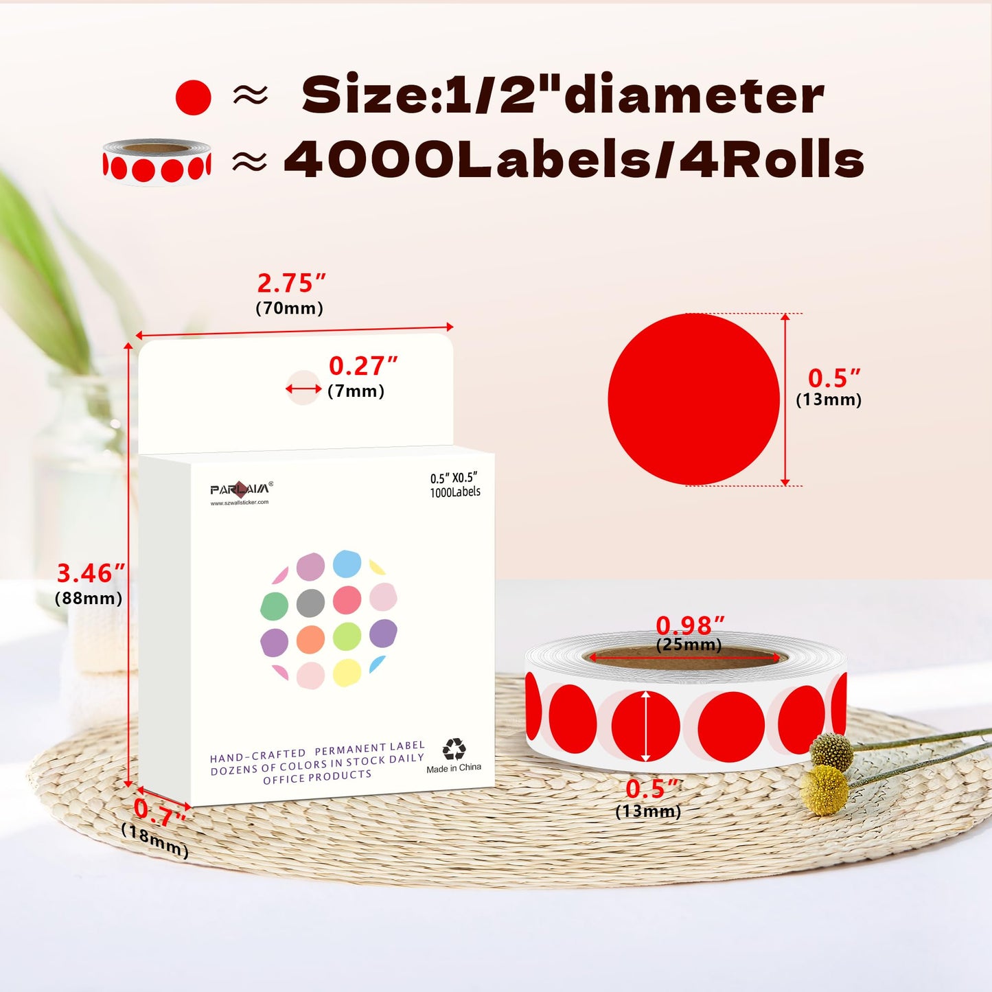 PARLAIM 1/2 Inch Round Permanent Adhesive Color-Code Dot Stickers,4000 Stickers 4RollS dots Label Dispenser Box Red Circle Stickers Labels (Red) 4 Rolls-4000 Pack