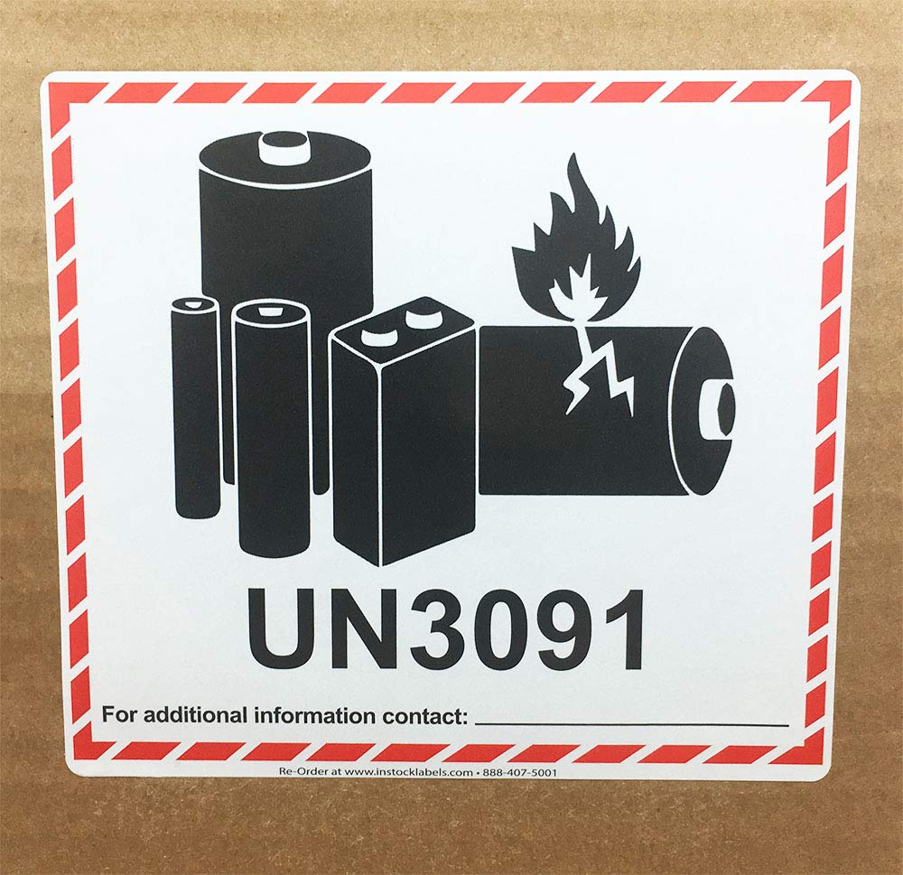 UN3091 Caution Lithium Battery Labels 4.5 x 5 Inch 500 Adhesive Stickers