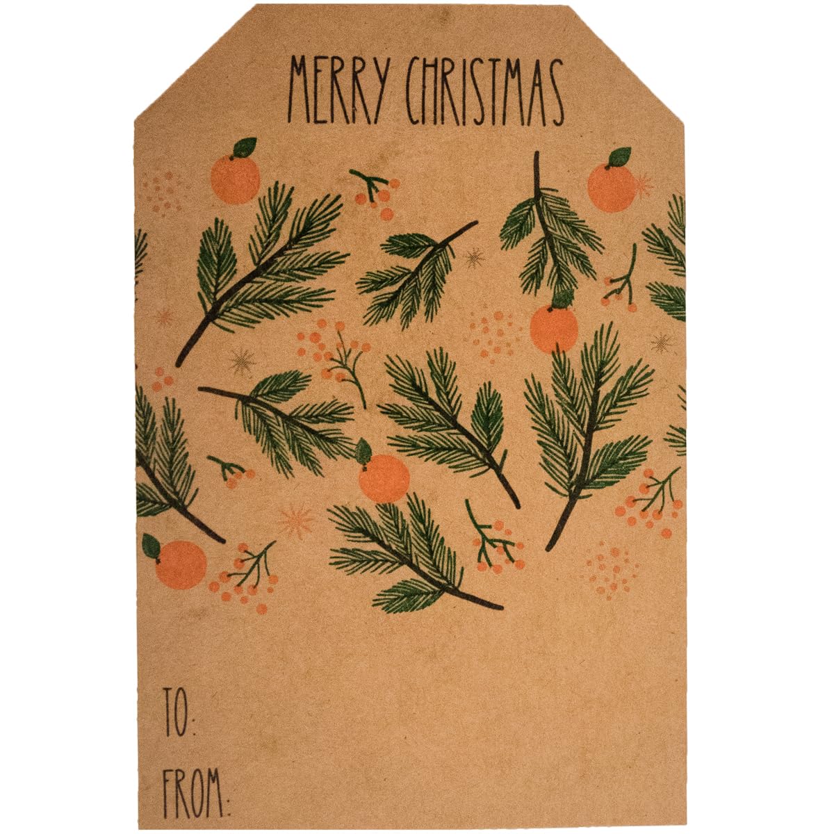 Natural Kraft Orange & Green Christmas Gift Tag Stickers – 2 x 3 Inch Adhesive Labels with Oranges & Fir Tree– 100 Eco-Friendly Labels, Made in USA