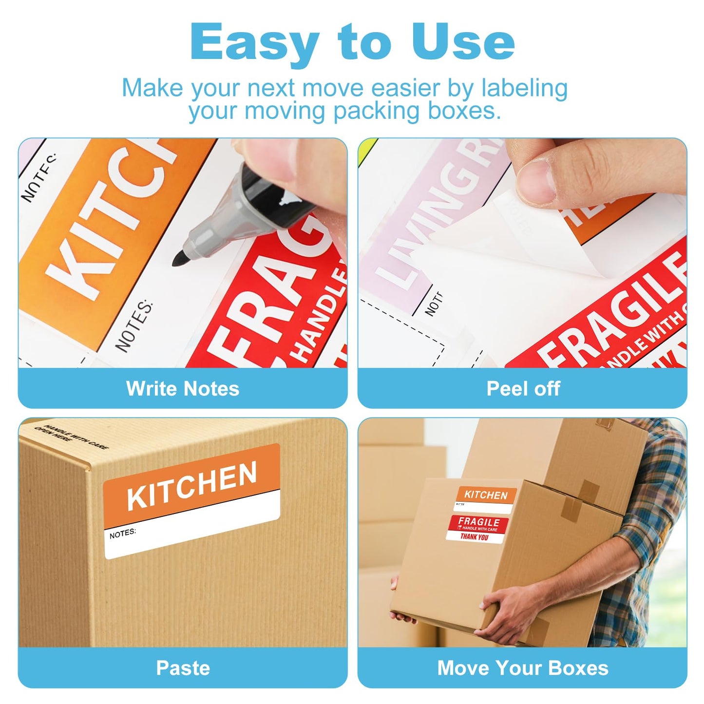 300 pcs Home Moving Labels,5 Pre-Printed Color-Coded Coding Labels with Writable Notes Areas Packing Box Stickers for Boxes with 50 Fragile Stickers & 50 Blank Ones (Each Measures1.7 x 3.6in) 2 x 3 in