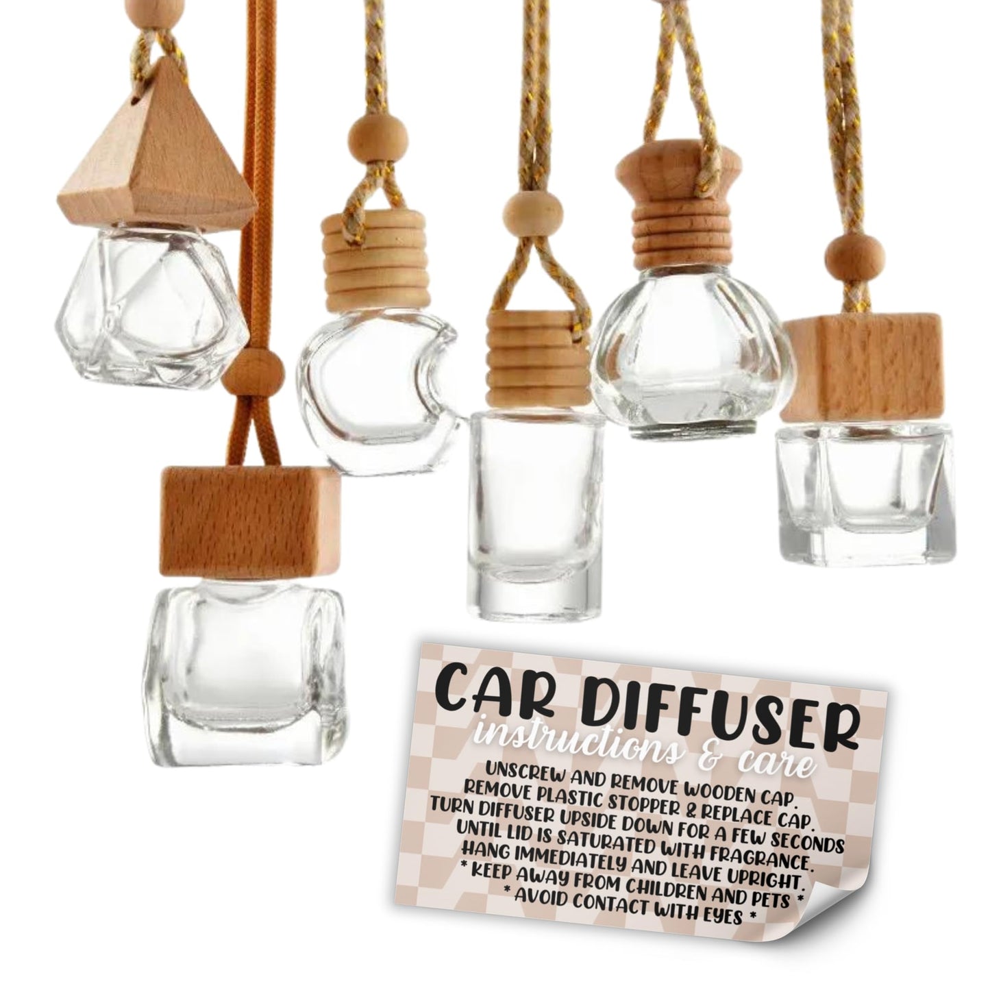 Car Oil Hanging Diffuser Care & Instructions Labels | 250 pc Roll 1.25” x 2.25” in. Stickers Reed Diffuser Car Vent Diffuser Wooden Top Minimalist Tan Checkered Warning How to Use Clients Scent Label