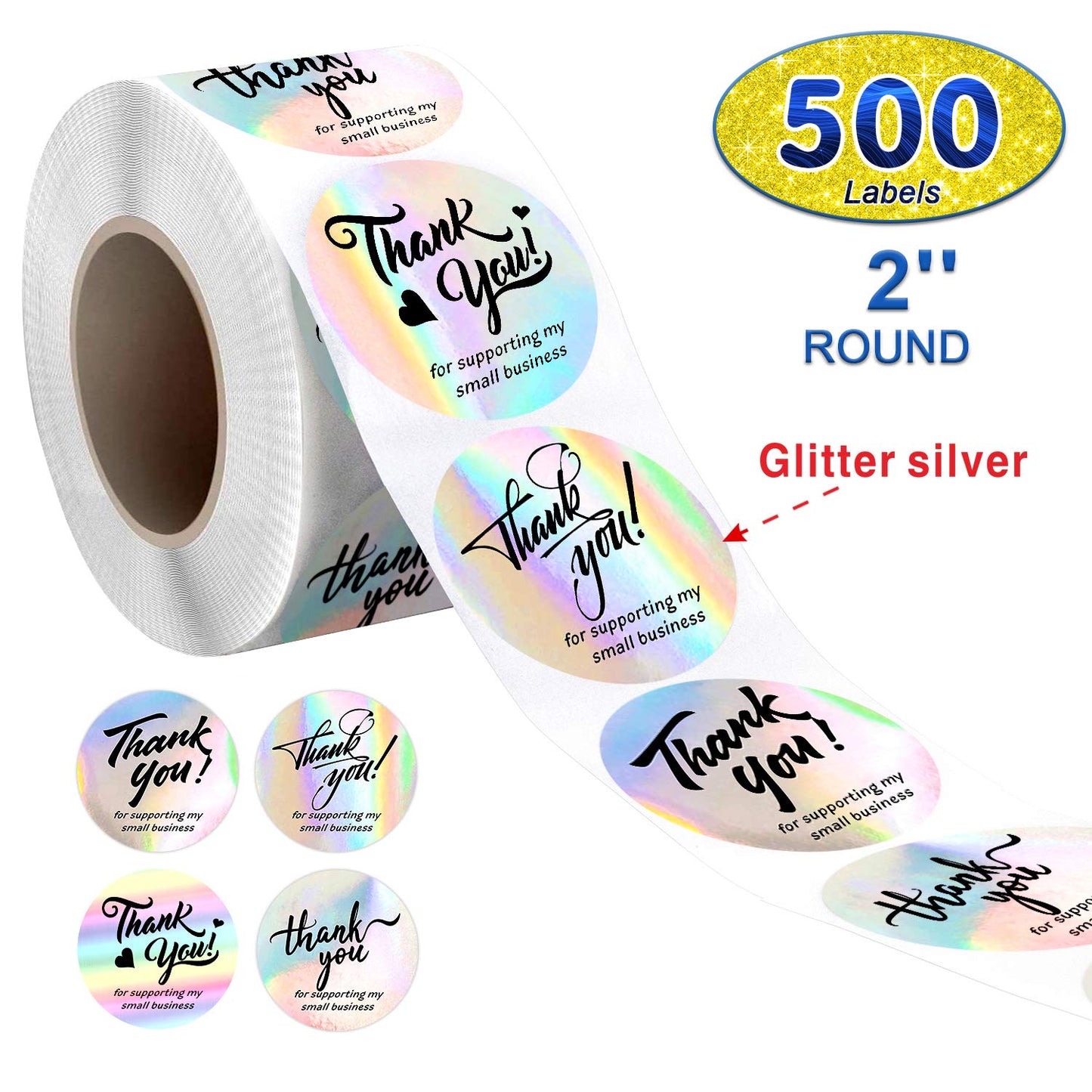 Padike 2" Thank You for Supporting My Small Business Stickers, 4 Designs, Highly Recommended for Small Business Owners and Online Sellers, 500 Labels Per Roll (Glitter Silver & Black, 2inch) Glitter Silver & Black