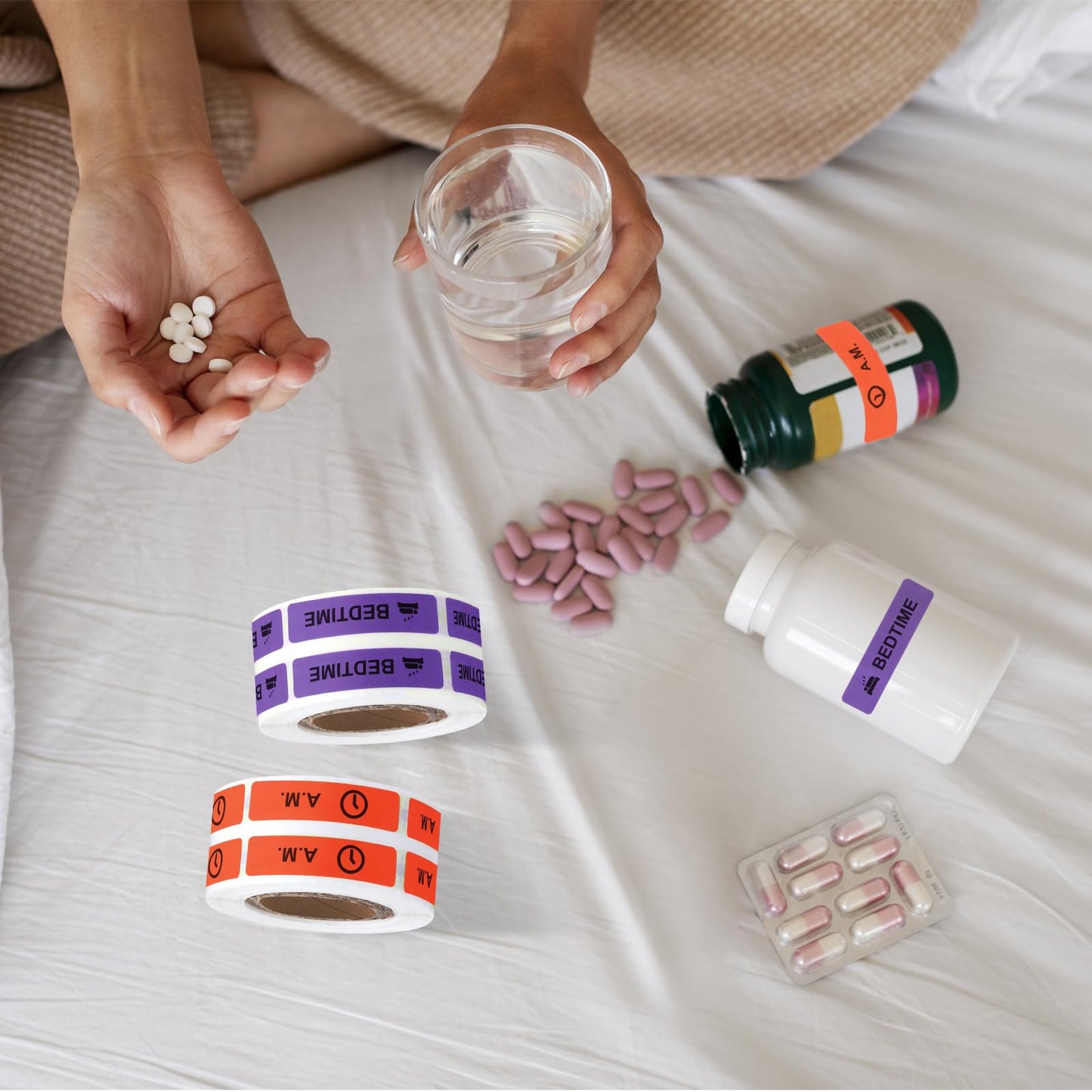 Medicine Stickers Medication Instruction Label Permanent Paper Label AM NOON PM Bedtime for Pill case Planner 0.4 * 1.6inch (500 per Roll 4 Pack)