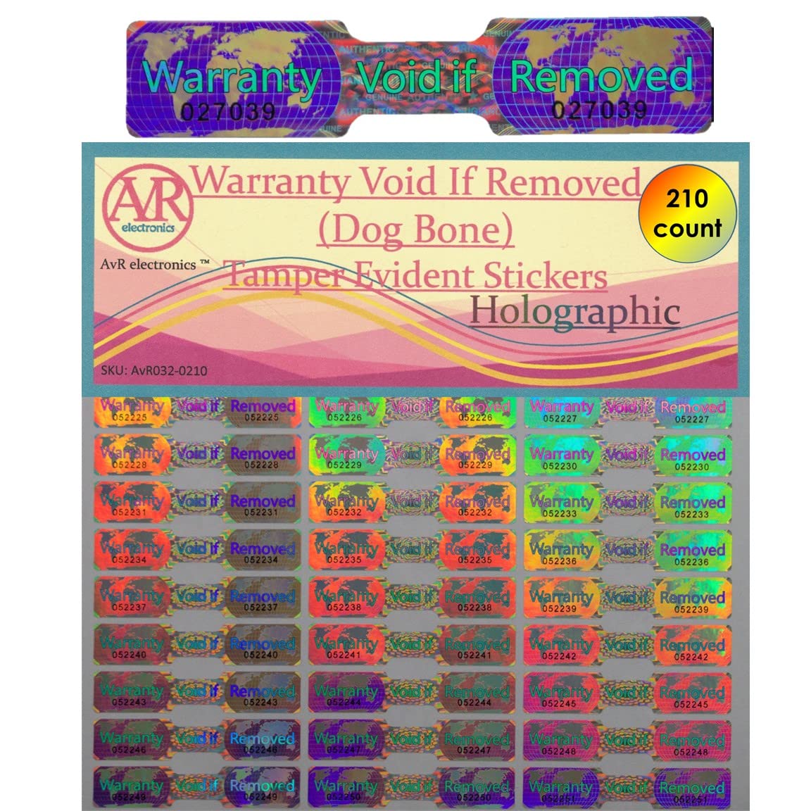 210 Hologram Tamper Proof Stickers. Tamper Evident Tape. Warranty Void if Removed. Individual Serial Numbers. Large 1.930 x 0.375 inches. (210 Stickers) 210 Stickers