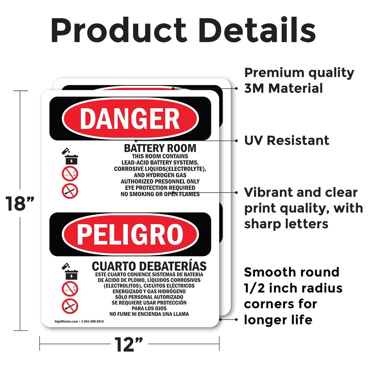 (2 Pack) Battery Room Bilingual OSHA Danger Sign 12 Inch X 18 Inch Vinyl Label Decal Sticker Weather Resistant, UV Protected for Workplace, Business, and Construction Site, Made in the USA Vinyl Decal