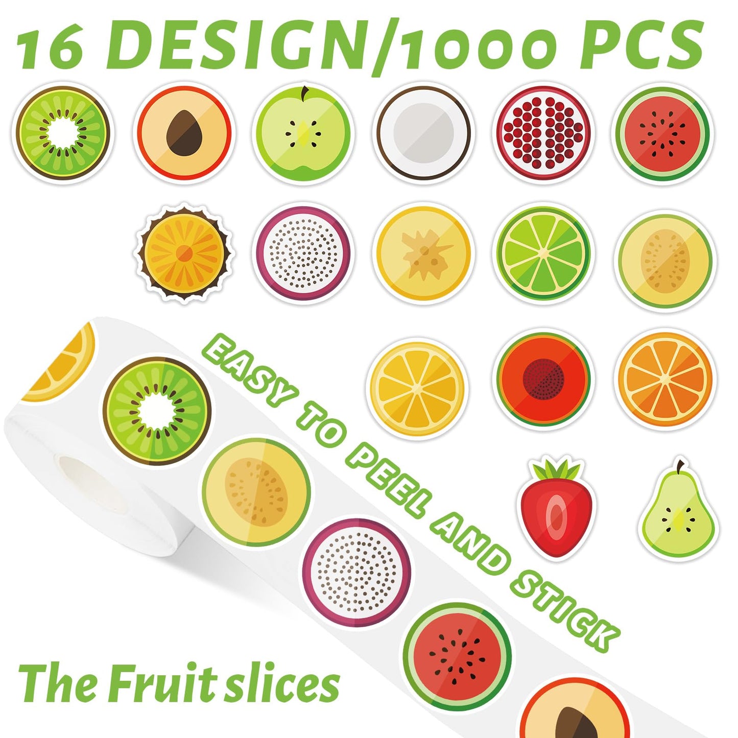 1000Pcs Fruit Stickers 16 Designs Cute Paper Decals Adhesive Sealing Labels for Home Kitchen Party Gift DIY Crafts, 2 Rolls