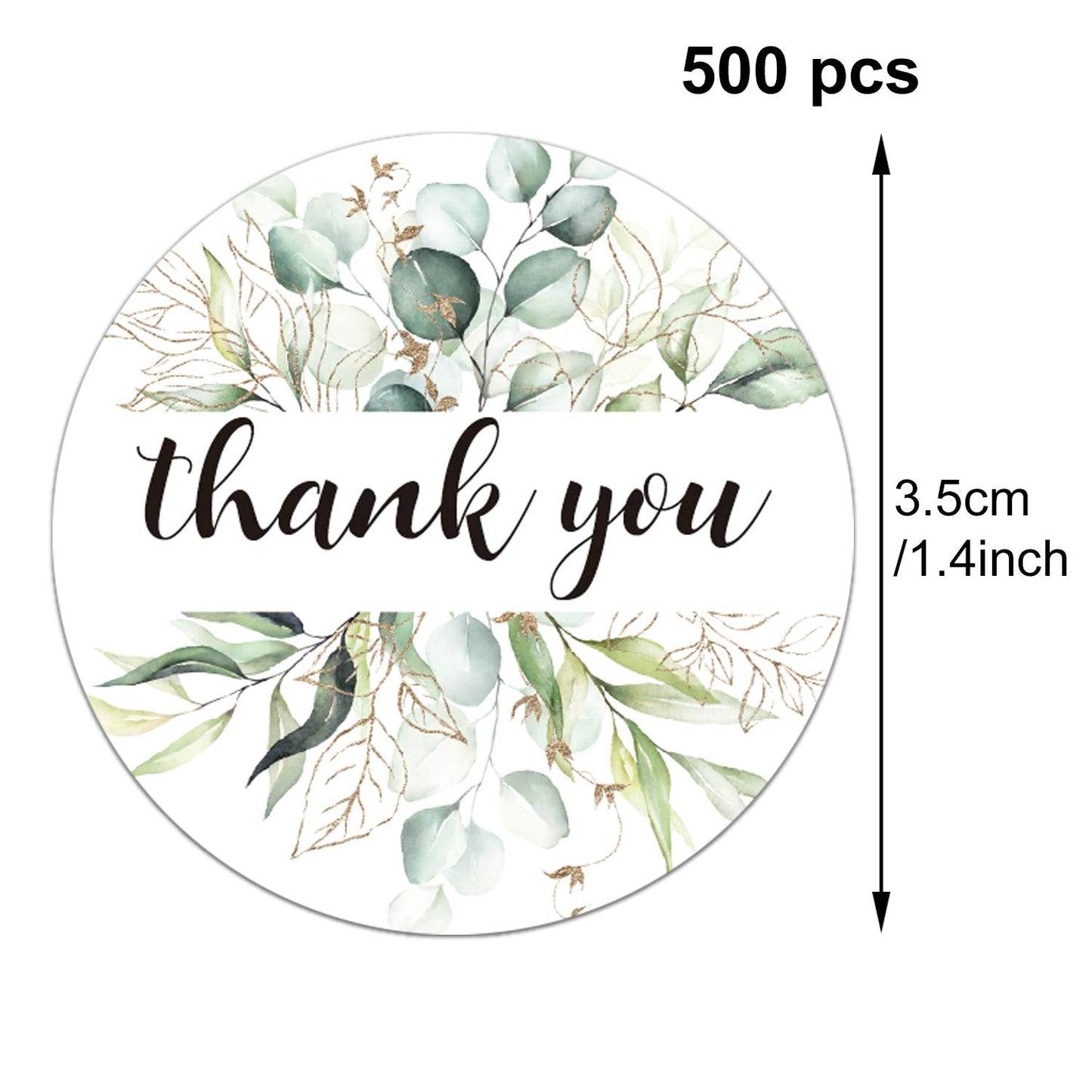 500 Greenery Thank You Label Stickers, Chic Golden Eucalyptus Leaves Wreath Thank You Stickers, 6 Different Designs, 1.4 Inches Round Thank You Stickers Roll, Wedding Favors.