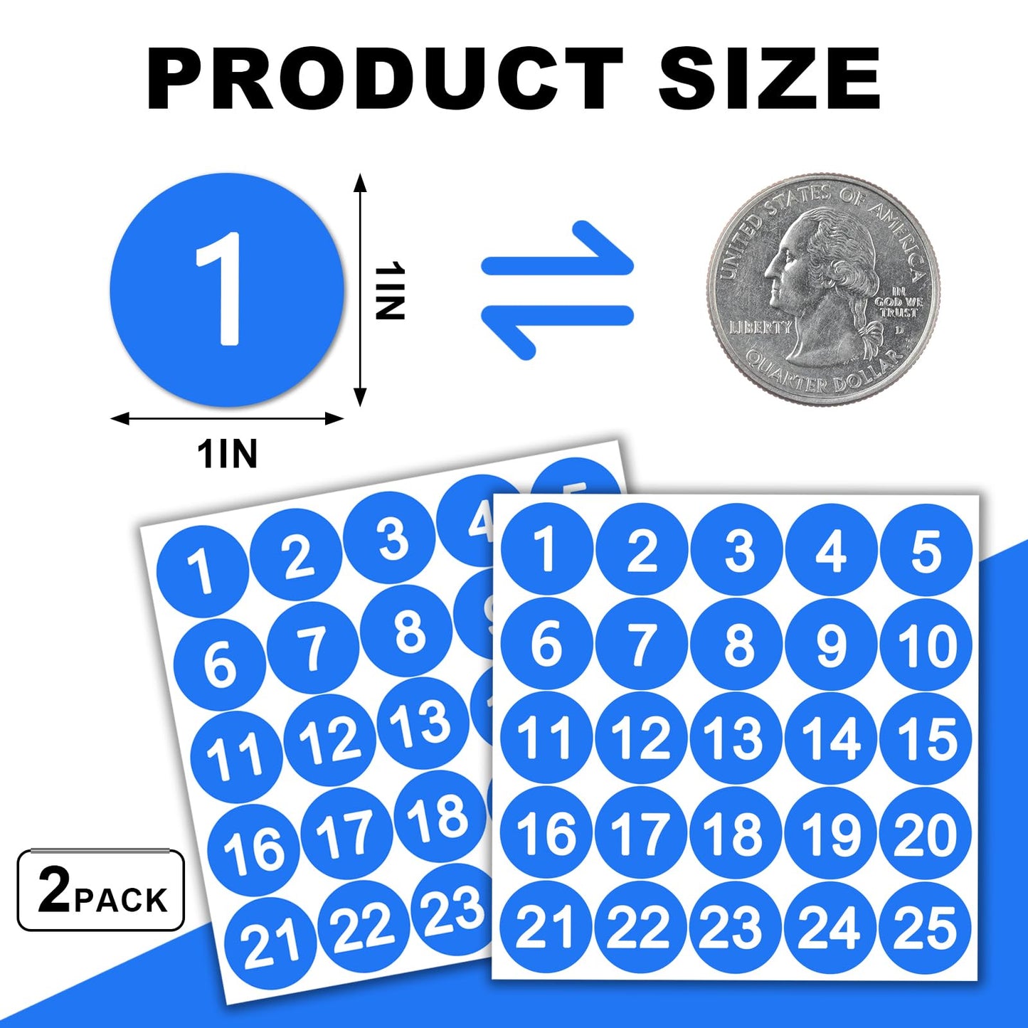 50 Pcs Blue Consecutive Number Stickers 1-25, Vinyl Small Number Stickers, Strong Adhesive/Waterproof & Anti-Fading, Suitable for Indoor/Outdoor Inventory Management Lockers Equipment Home Office 1 inch