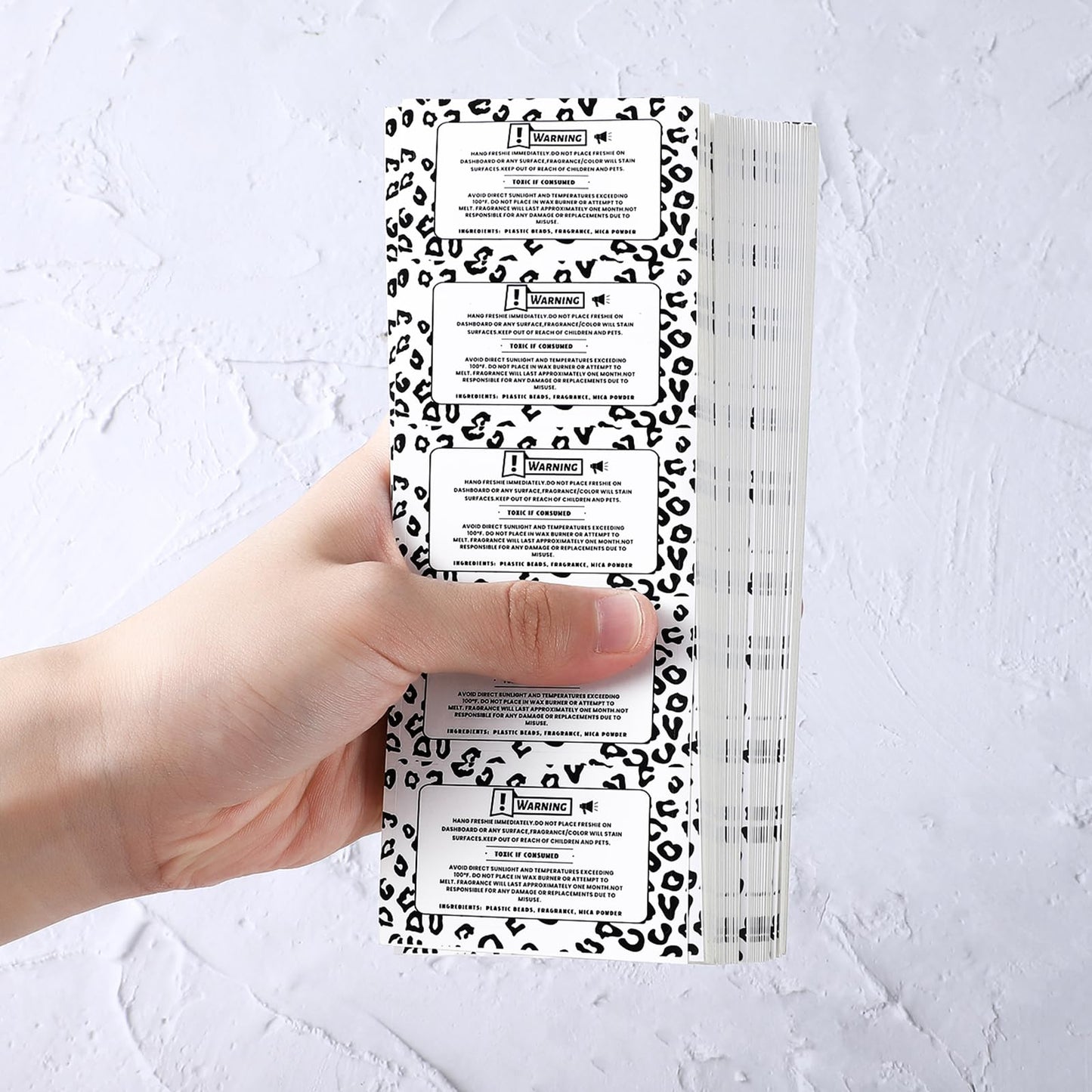 Yeaqee 500 Pcs Freshie Warning Label Stickers with Leopard Background Design 2.25 x 1.25 Inches Waterproof Freshies Care Instructions Labels for Car Supplies and DIY Crafts