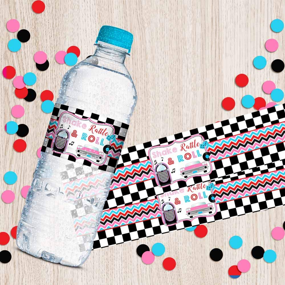 50’s Sock Hop Birthday Waterproof Water Bottle Sticker Wrappers, 20 1.75" x 8.5" Wrap Around Labels by AmandaCreation