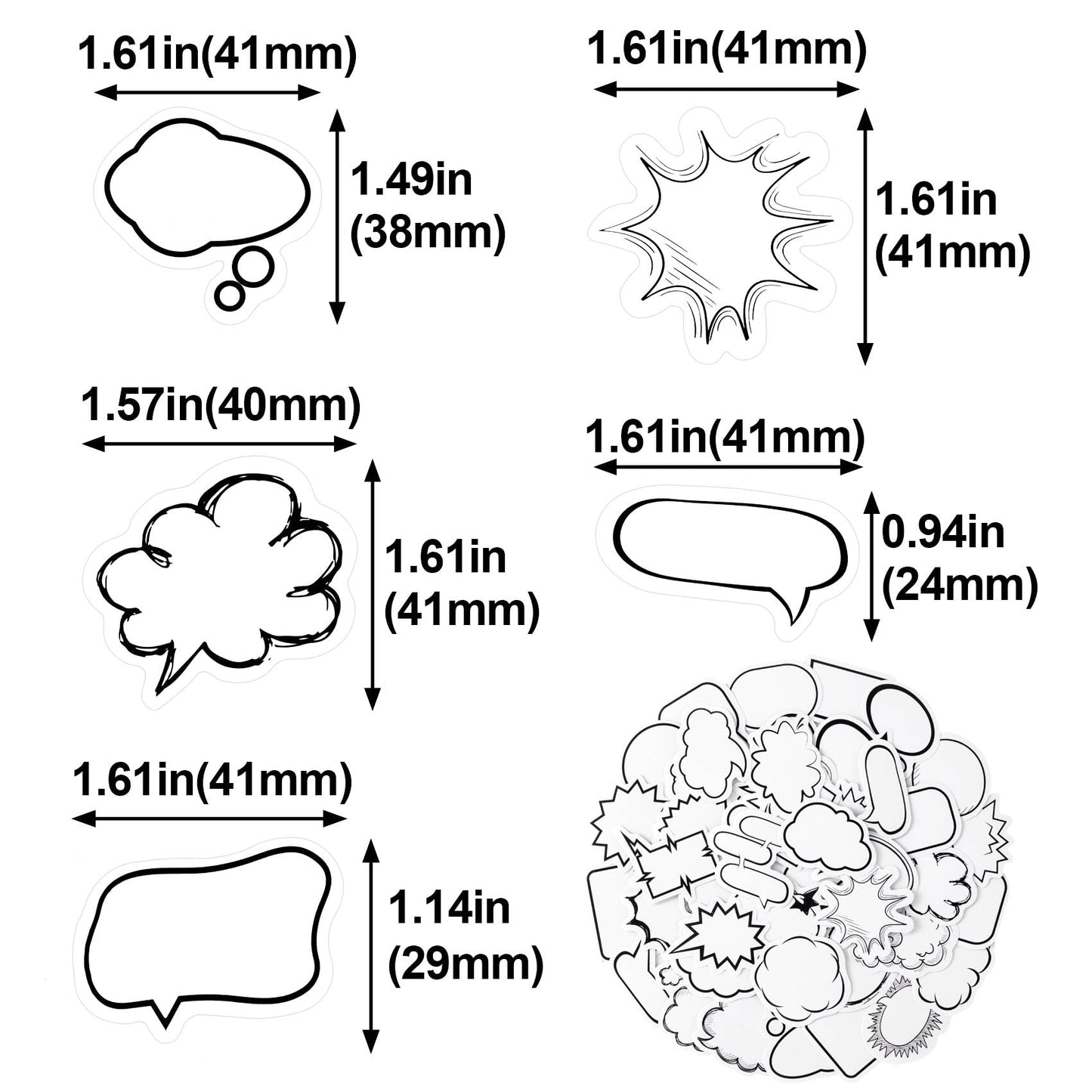 90pcs Dialog Box Paper Stickers, Assorted Shape Funny Sticky Note, Self- Adhesive Writable Label Decals Memo Sticker for Diary Planner Scrapbook Album Notebook Calendar- White & Black