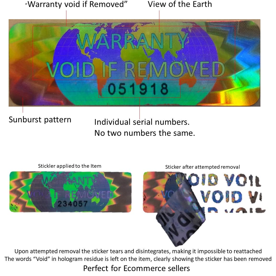 70 Hologram Tamper Evident, Tamper Proof Stickers. Warranty Void If Removed. Individual Serial Numbers. Tamper Foil Tape Labels. Destroyed Upon Removal with Residual Text Left on Item. (70 Stickers) 70 Stickers