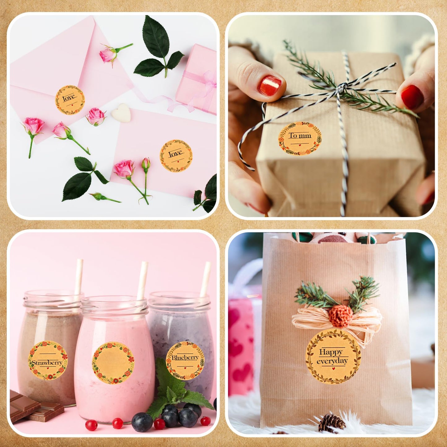 1000 Pieces Canning Jar Labels Stickers 1.5 Inch Natural Kraft Stickers Wreath Pattern with 3 Lines for Writing Round Canning Labels Jar Crafts