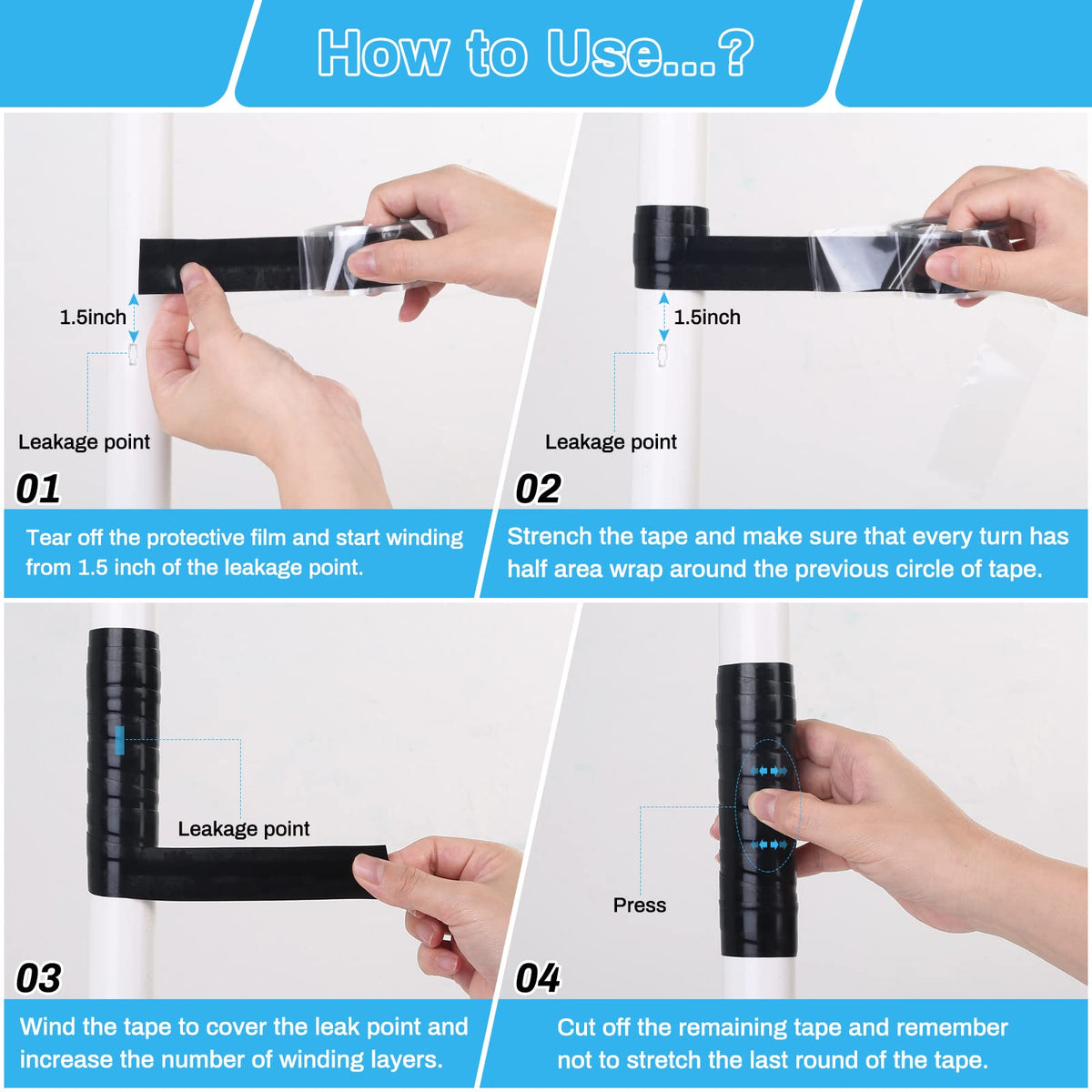 Black Self Fusing Silicone Tape, 2 PCS 1" X 11.8 Ft Silicone Rubber Rescue Tape for Pipe Hose Repair Plumbers Stop Leaking Waterproof Silicone Grip Thick Tape