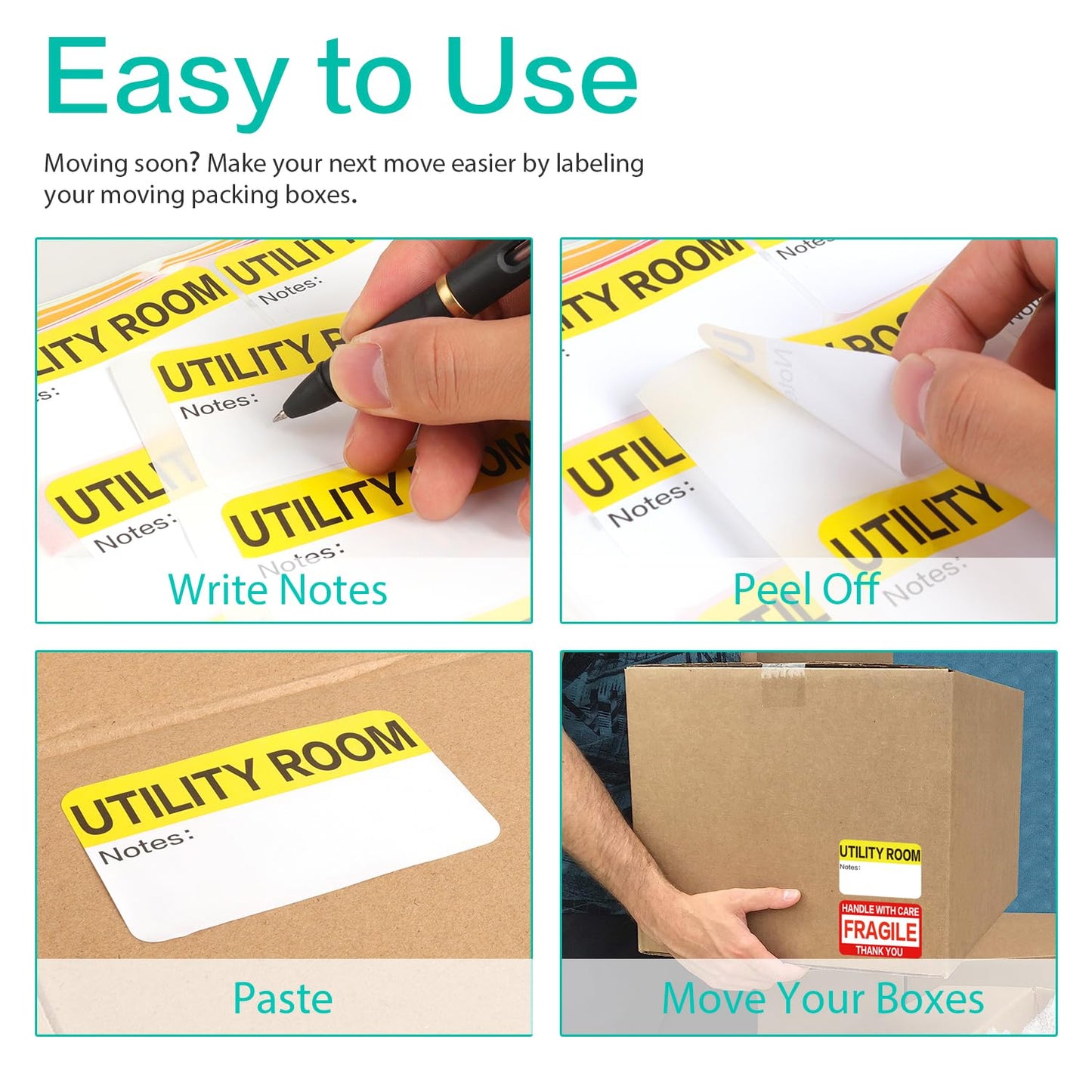 600 Count 3 x 2 Large Home Moving Packing Box Labels for 3-4 Bedroom House with Writable Notes Areas, 17 Color Coded Moving Labels for Boxes + Fragile Moving Stickers + Heavy and Blank Labels 600