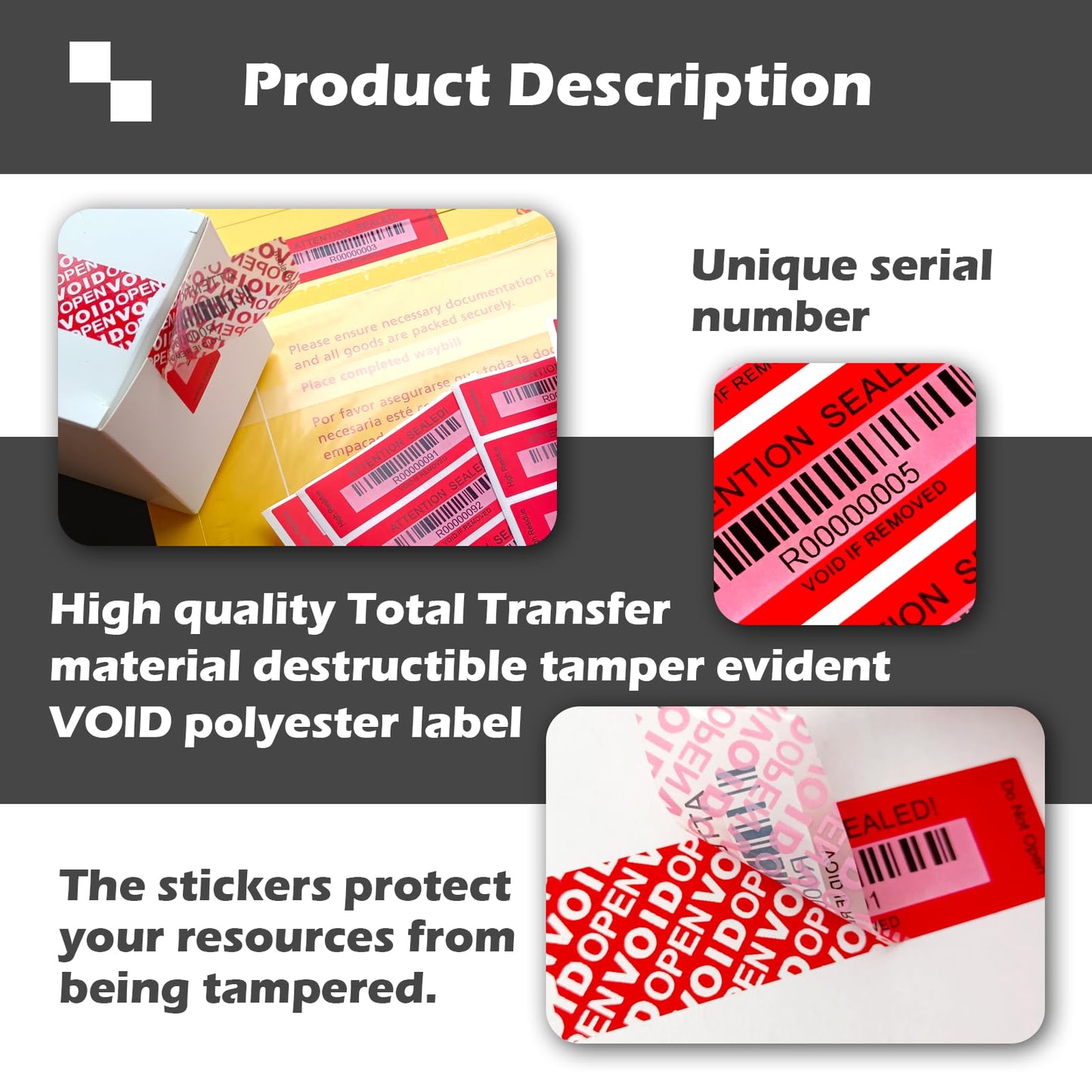 120 pcs Tamper Evident Label Sticker with Bar Code Security Warranty Void Seals Total Transfer Tamper Proof Stickers for Reusable Package with Serial Number(1 x 3.4 Inches,Red) Red4