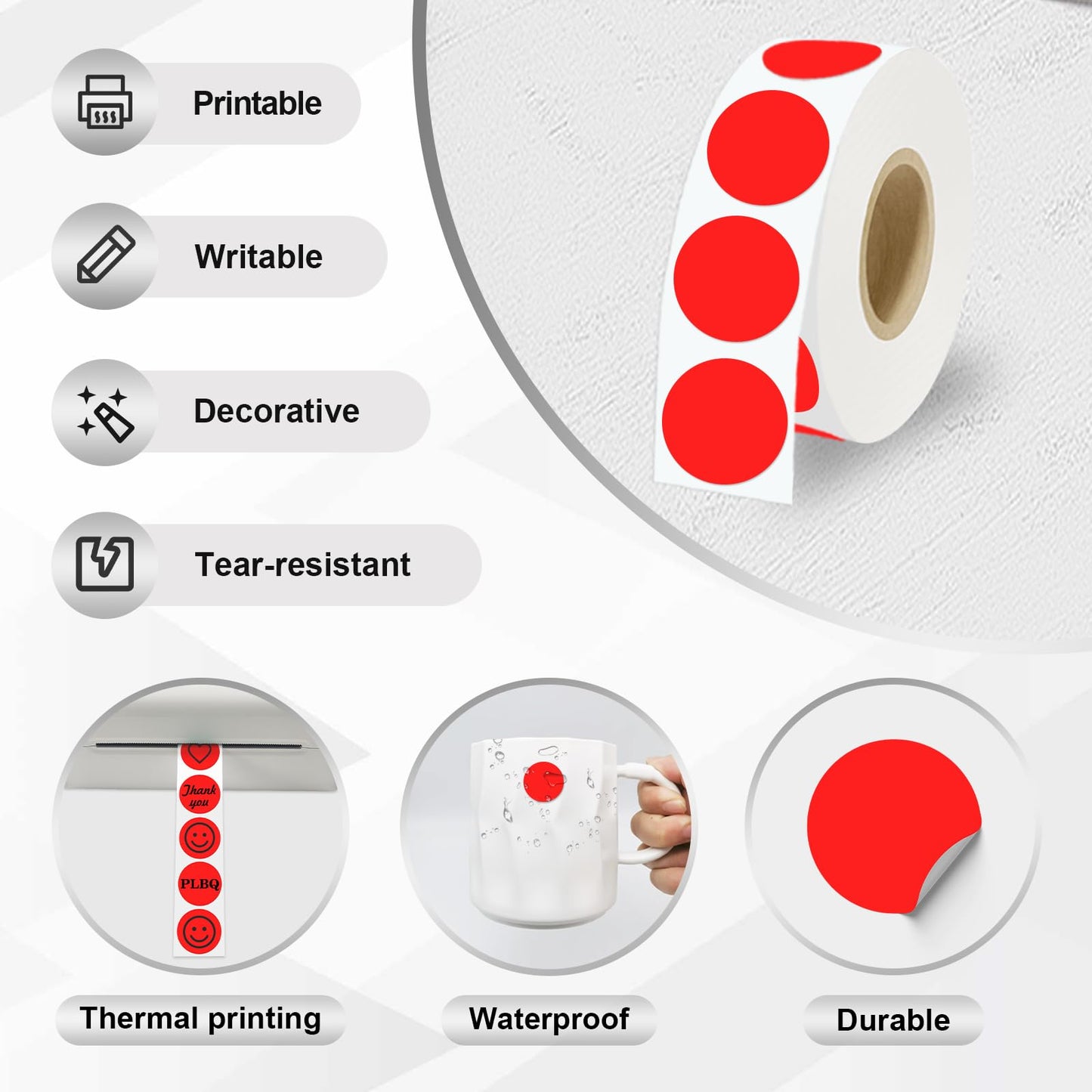 3/4 inch Round Thermal Labels 0.75 inch Colored Circle Dots Stickers Roll for Thermal Print, Self-Adhesive Red Color Coding Labels for Office, Student Classroom, 1000pcs