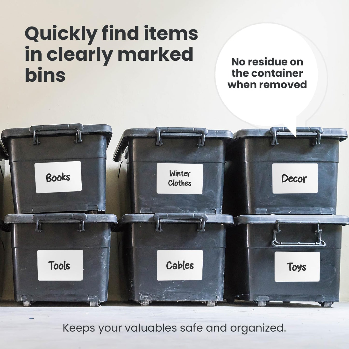 MESS Large Removable Labels for Storage Bins (50 6x4") - Pantry Labels - Labels for Craft Organization - Shelf, Tote Moving Labels for Boxes White