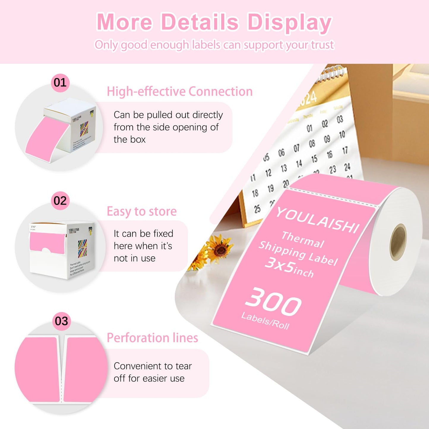 3 X 5 Inch Printable Waterproof Rectangle Color Coding Labels, 300 Per Roll Adhesive Color Coding Stickers for Bar-Codes, Address, Small Business Labeling, Inventory (Pink) Pink