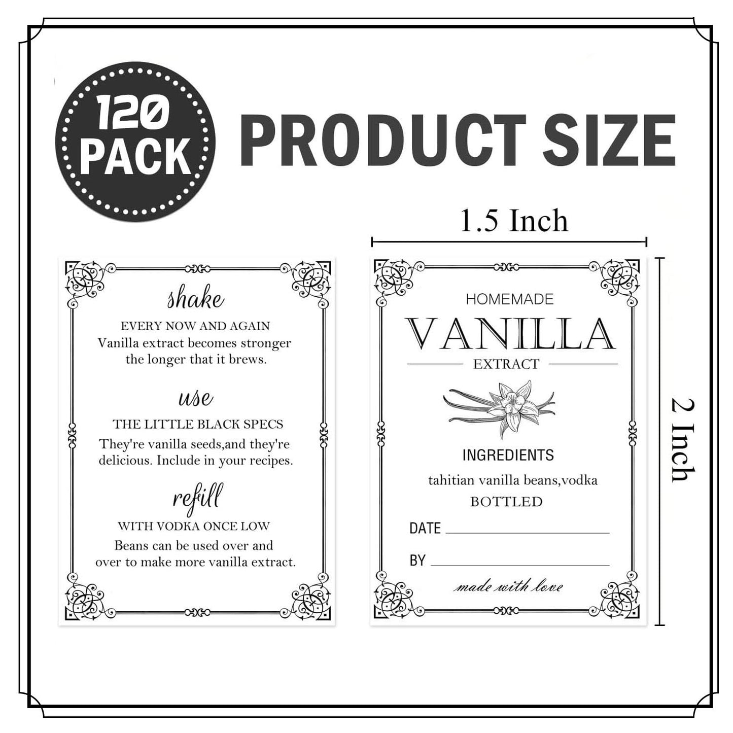 120pcs Homemade Vanilla Extract Stickers with Instructions - 1.5x2 Inch Handcrafted Vanilla Bottle Labels for 2oz, 4oz, 8oz Bottles Black