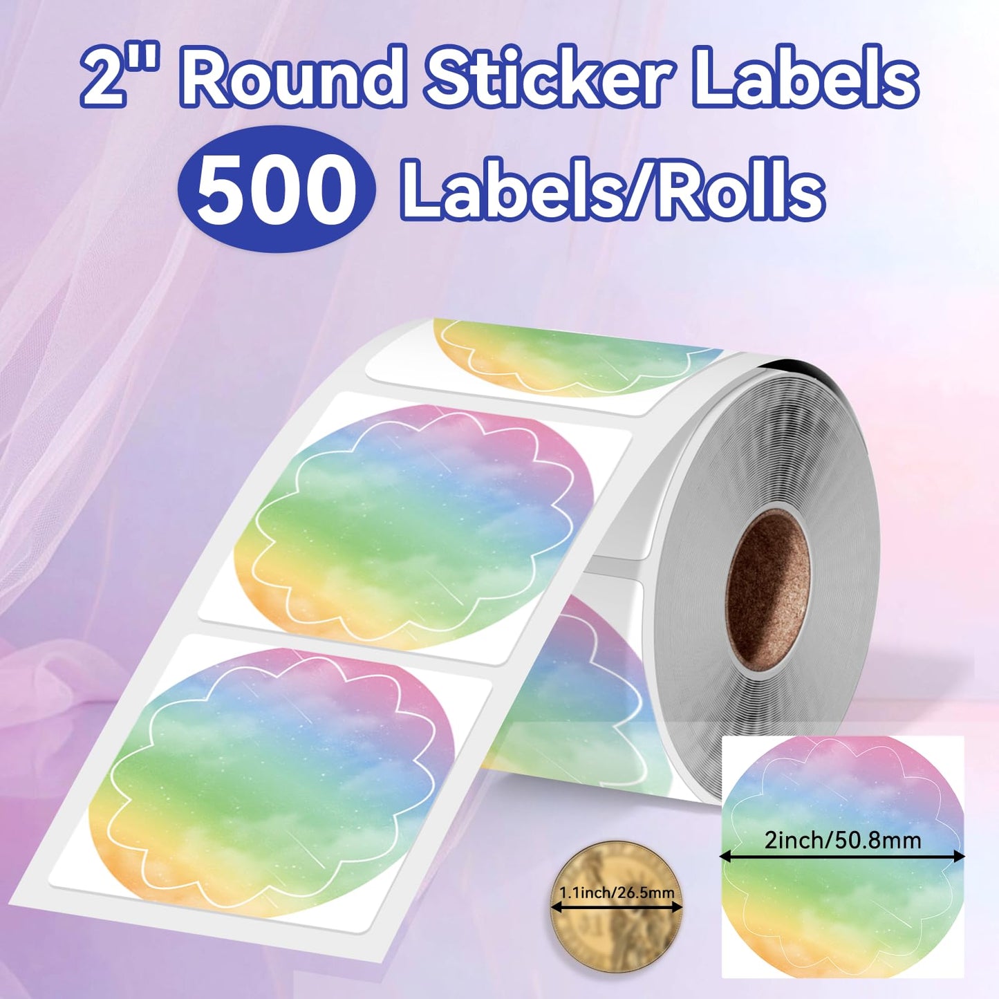 2'' Round Thermal Labels, 500pcs Circle Thermal Printer Labels, Multi-Purpose Thermal Stickers for DIY Logo Design, Name/Price Tag, Address, QR Code, 2x2, 500Pcs/Roll, TD Purple