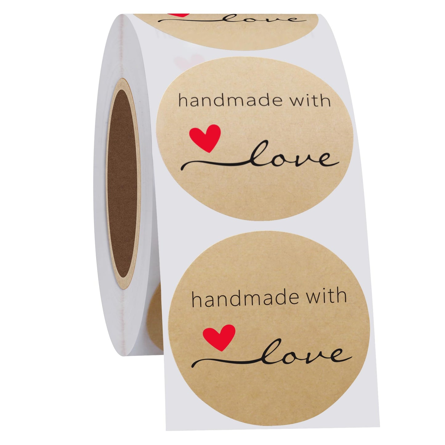 Hybsk Kraft Handmade with Love Stickers 1.5" Inch Round Total 500 Adhesive Labels Per Roll (Kraft)