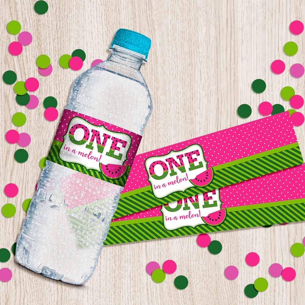 Sweet First Birthday Pink Watermelon Birthday Waterproof Water Bottle Sticker Wrappers, 20 1.75" x 8.5" Wrap Around Labels by AmandaCreation