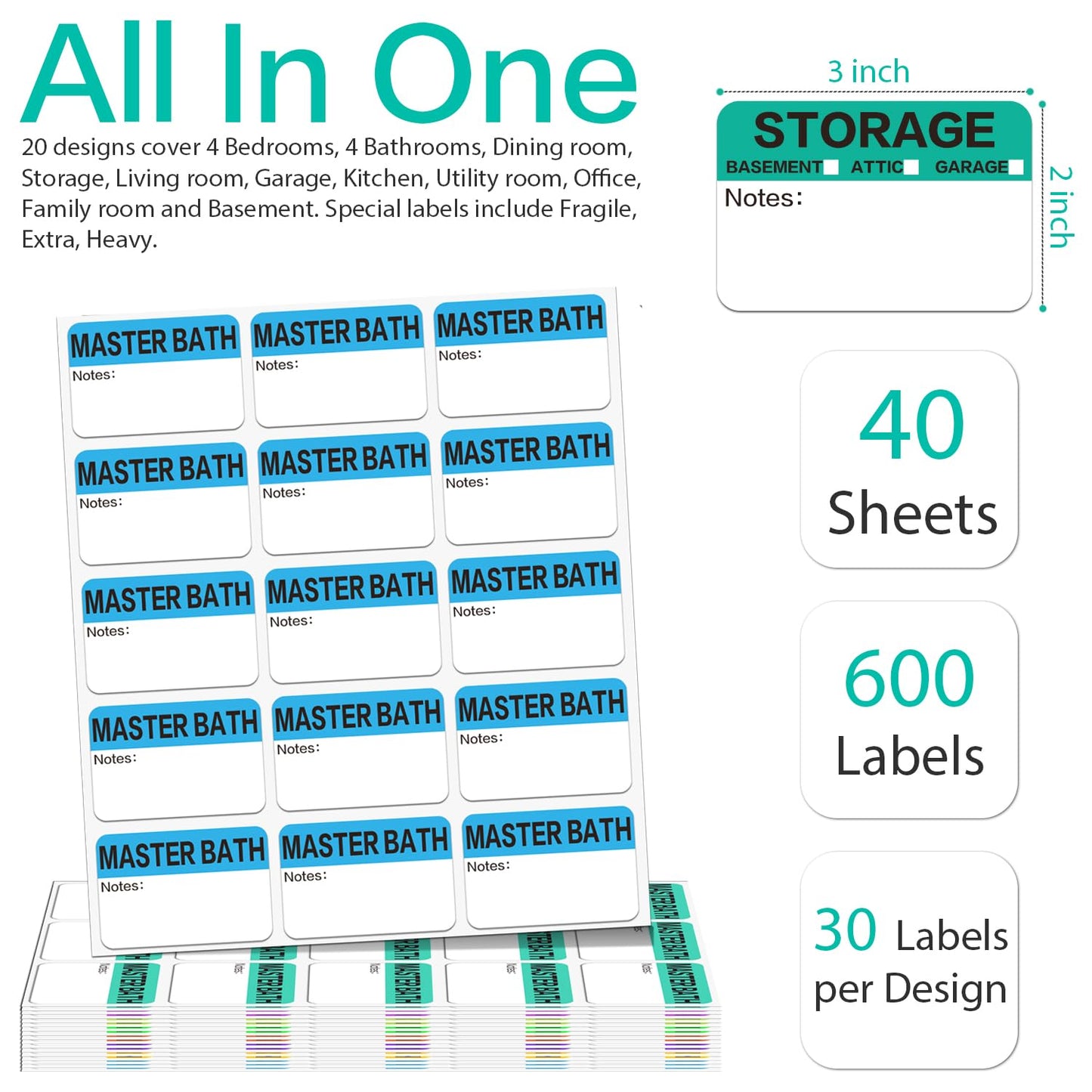600 Count 3 x 2 Large Home Moving Packing Box Labels for 3-4 Bedroom House with Writable Notes Areas, 17 Color Coded Moving Labels for Boxes + Fragile Moving Stickers + Heavy and Blank Labels 600