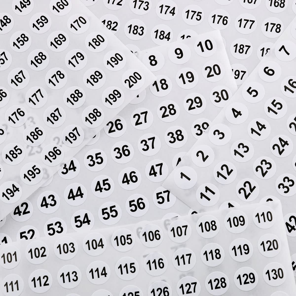 Vinyl Number Sticker 1-200, White on Black, 20 Sheets, 0.4 Inch Round, Self-Adhesive, Waterproof, Indoor Use, 2000 Pieces in Total