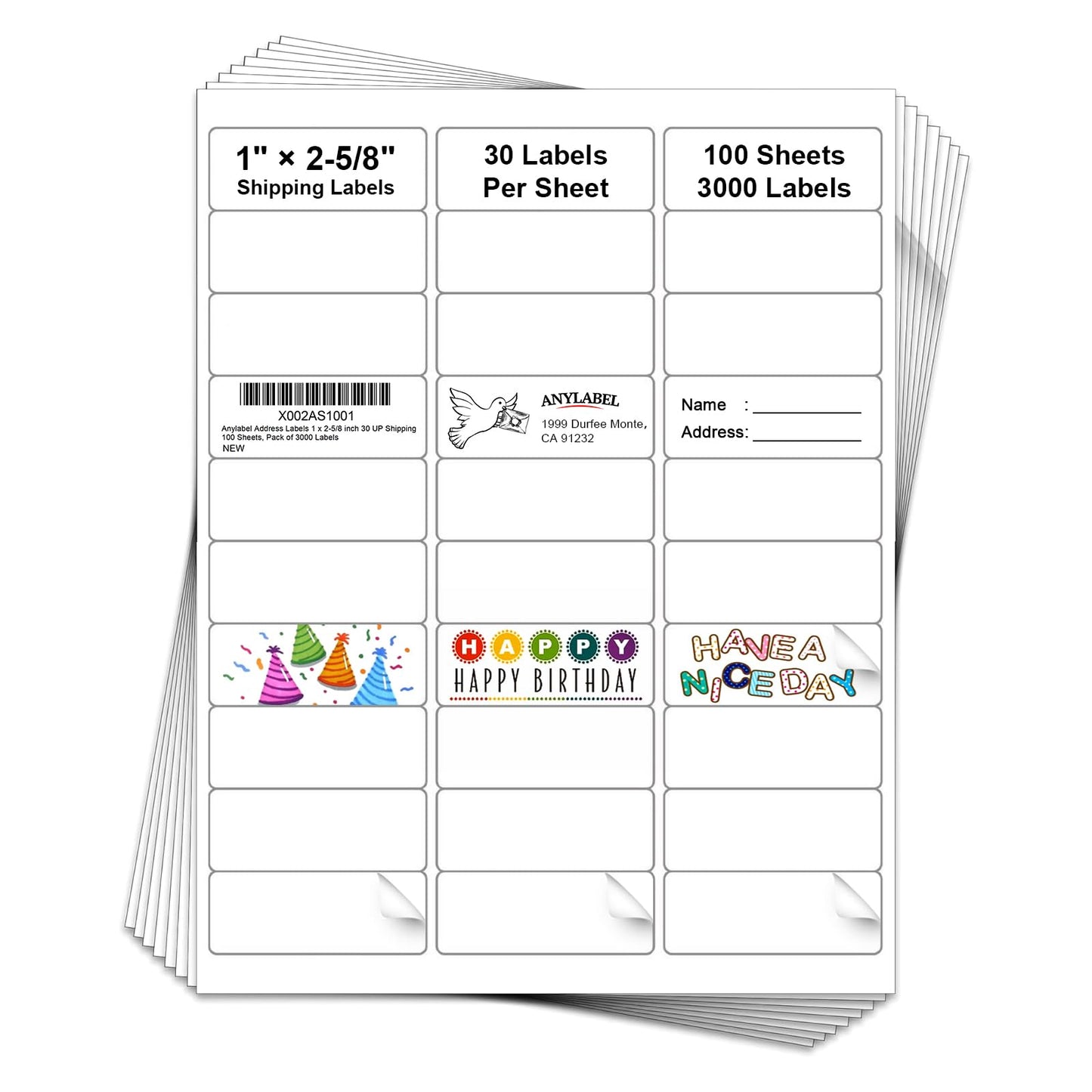 3000 Labels 100 Sheets 1" x 2-5/8" Address Label Sticker for Laser & Inkjet Printer - 30 Per Page Mailing Labels for Packages Adhesive, 30-up Return Address Labels 1" x 2-5/8" - 30 Per Page | 3000 Labels