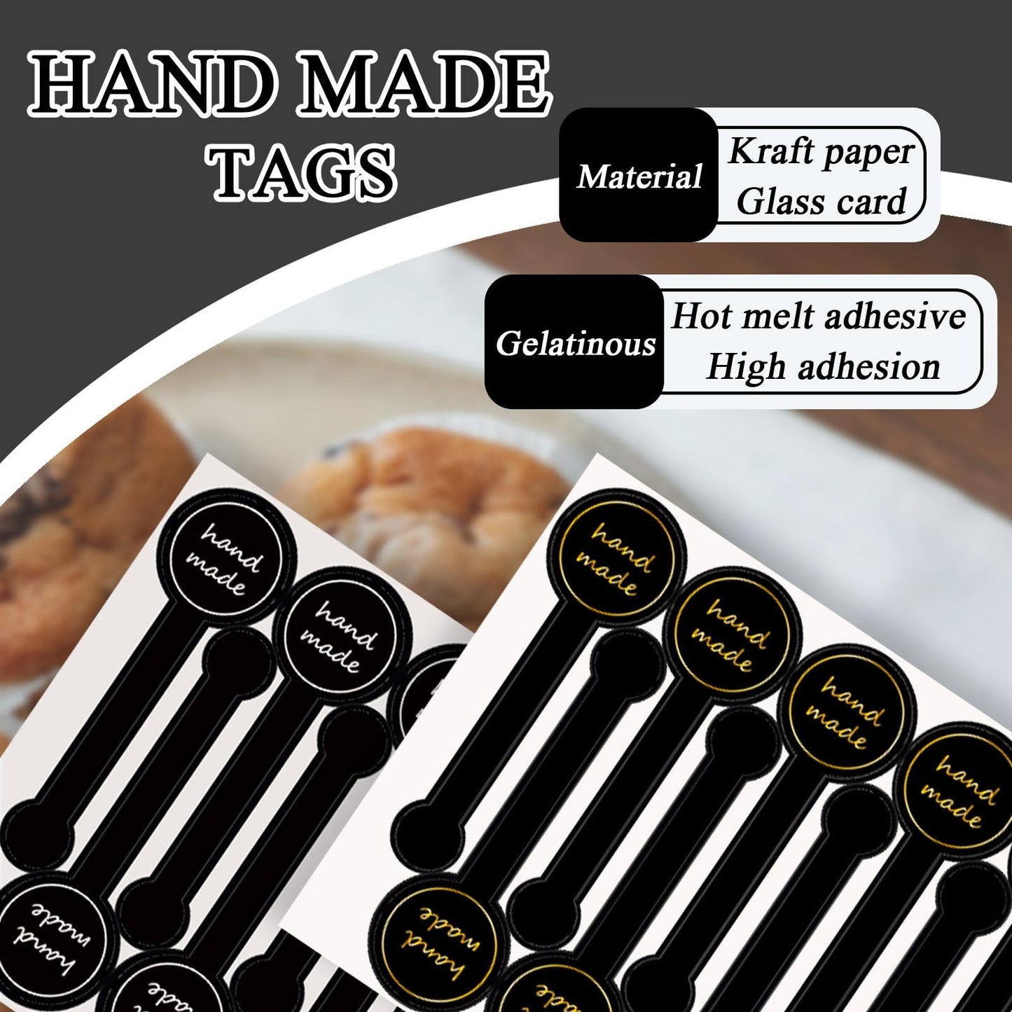 500pcs Handmade Food Baking Seal Stickers, Black Foil Self Adhesive Bakery Stickers, 3.9in Long Strip Tamper-Proof Packaging Sealing Labels for Lollipop Cake Cookie Bread Black & Foil (500pcs-3.9in Long)