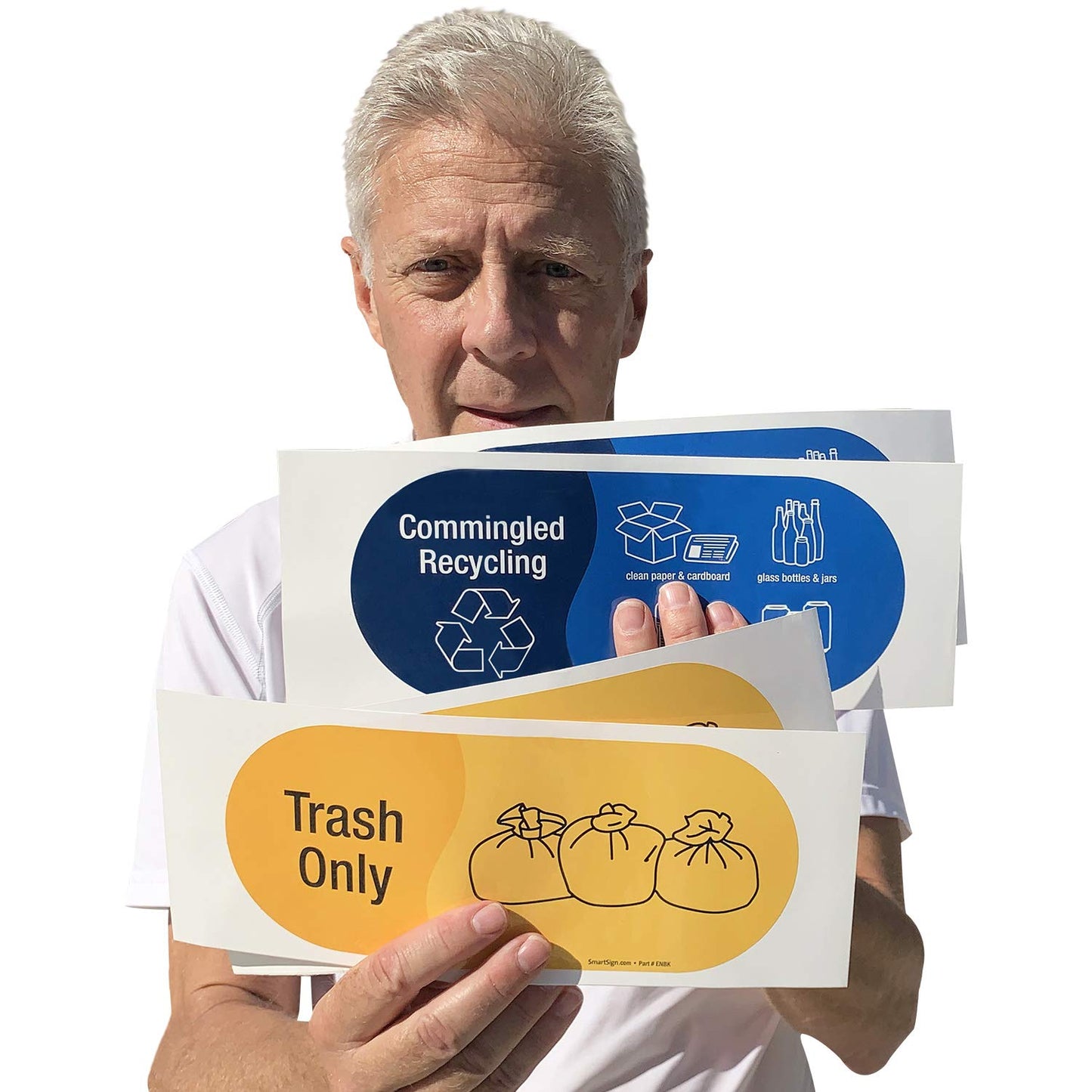 SmartSign (Pack of 4) 3.75 x 9 inch “Trash Only and Commingled Recycling” Sticker Labels with Symbols, 5 mil Laminated Polyester with SuperStick Adhesive, Multicolor, Made in USA