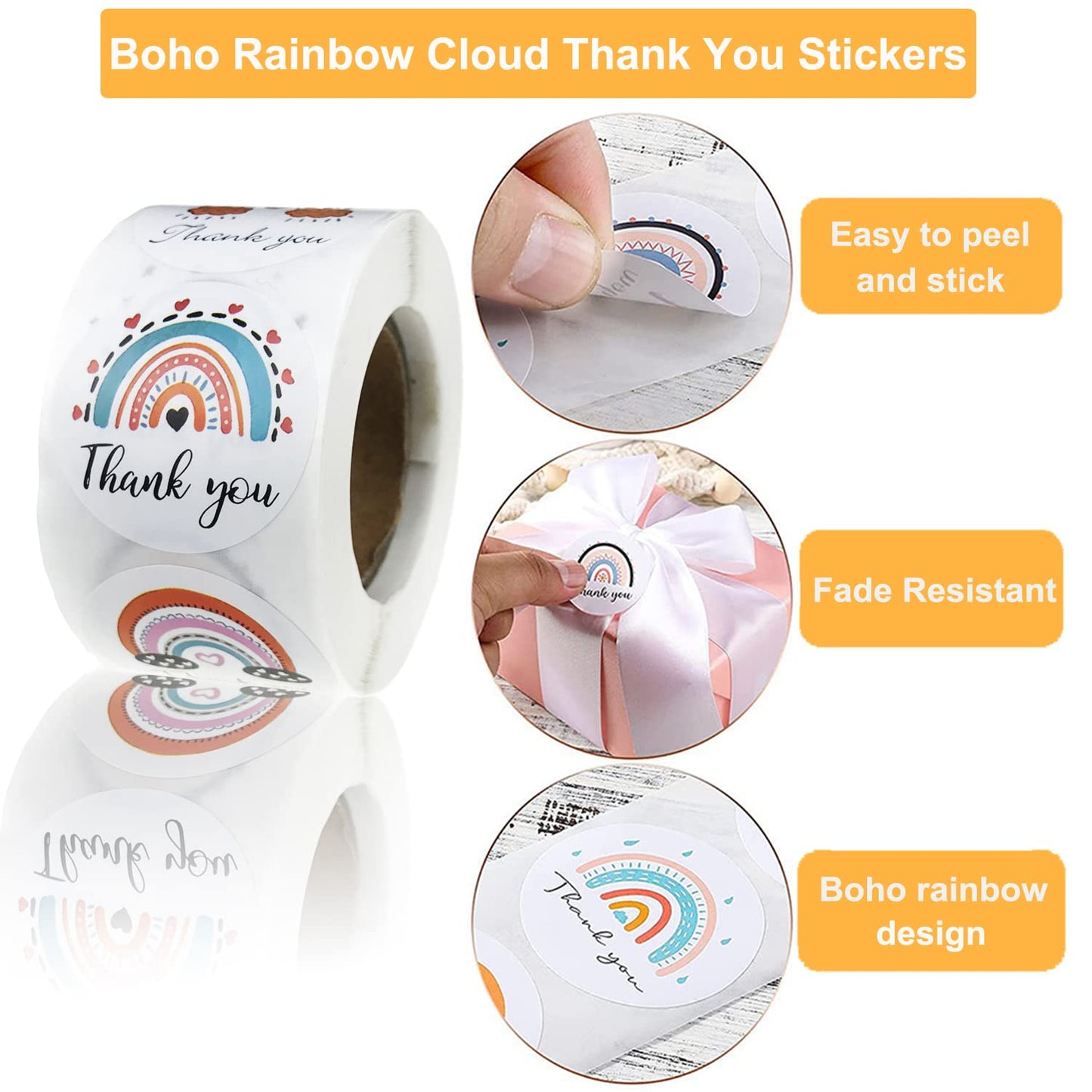 500 Pieces Rainbow Thank You Label Stickers 1.5 Inch Round Thanks Sticker Boho Adhesive Business Label Thank You Envelope Seals Stickers Decorative Sticky Label for Card Box Packing Bag, 8 Styles