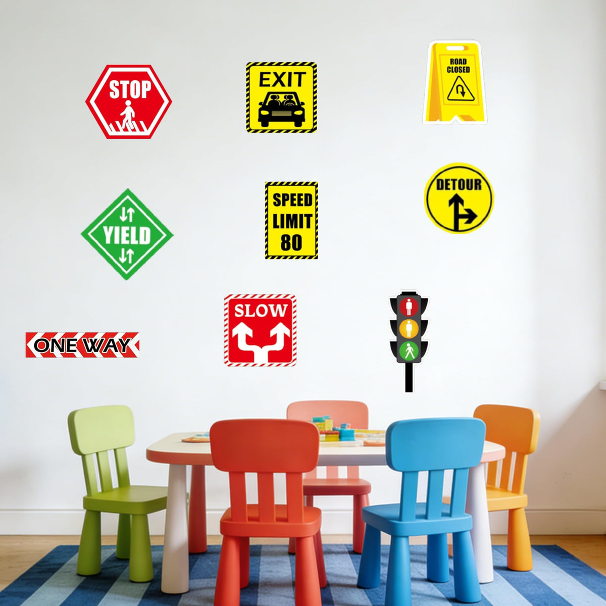 18 Pack Road Signs Wall Decal Traffic Street Sign Sticker - Stop Street Transportation Construction Car Wall Decals Road Sign Stickers for Back to School Decor Kid Bedroom Classroom Bulletin Board