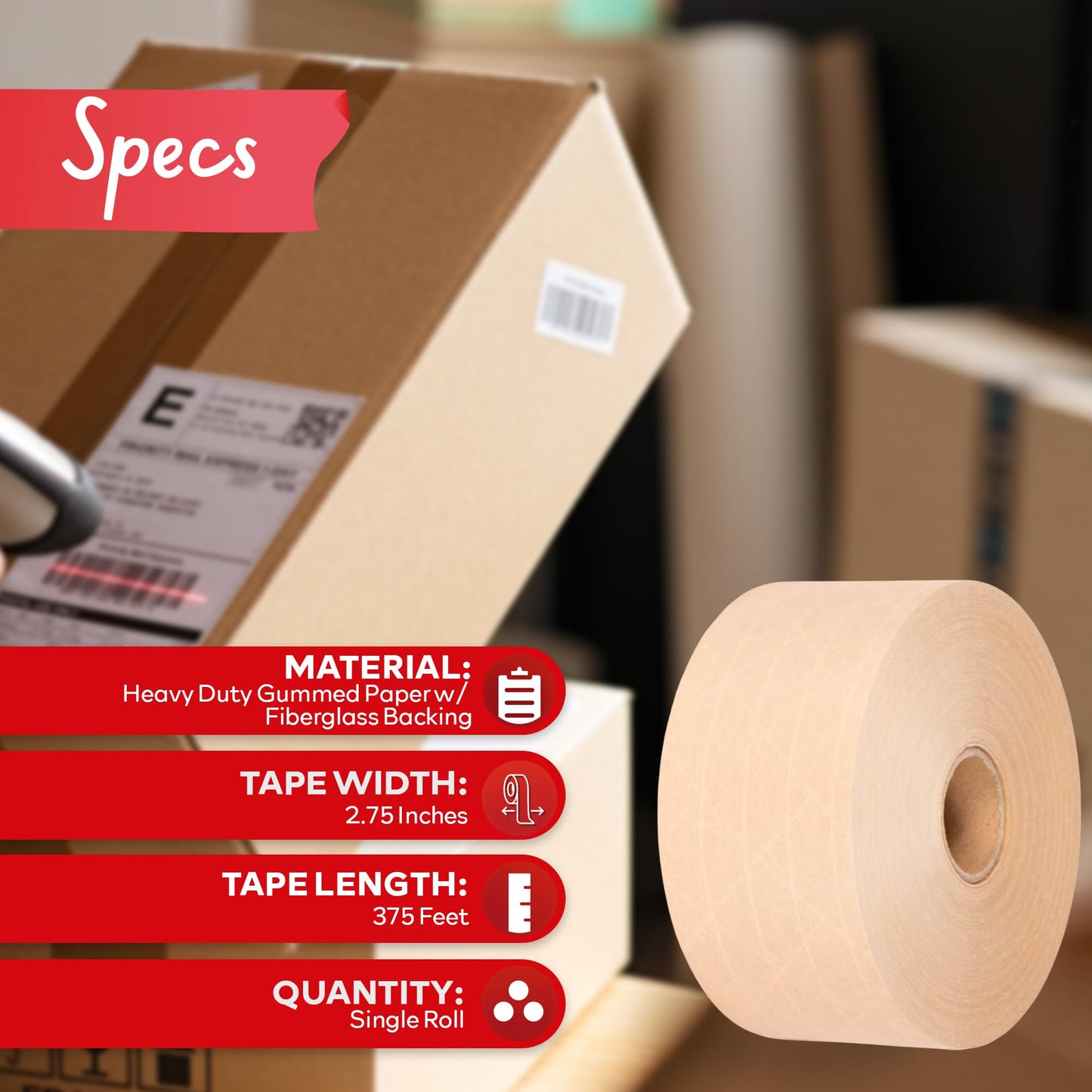 XFasten Brown Paper Packing Tape - 2.75-Inch x 375-Feet, Water Activated, Reinforced for Moving & Packing Boxes 2.75-Inches x 375-Feet (Single Pack) 1