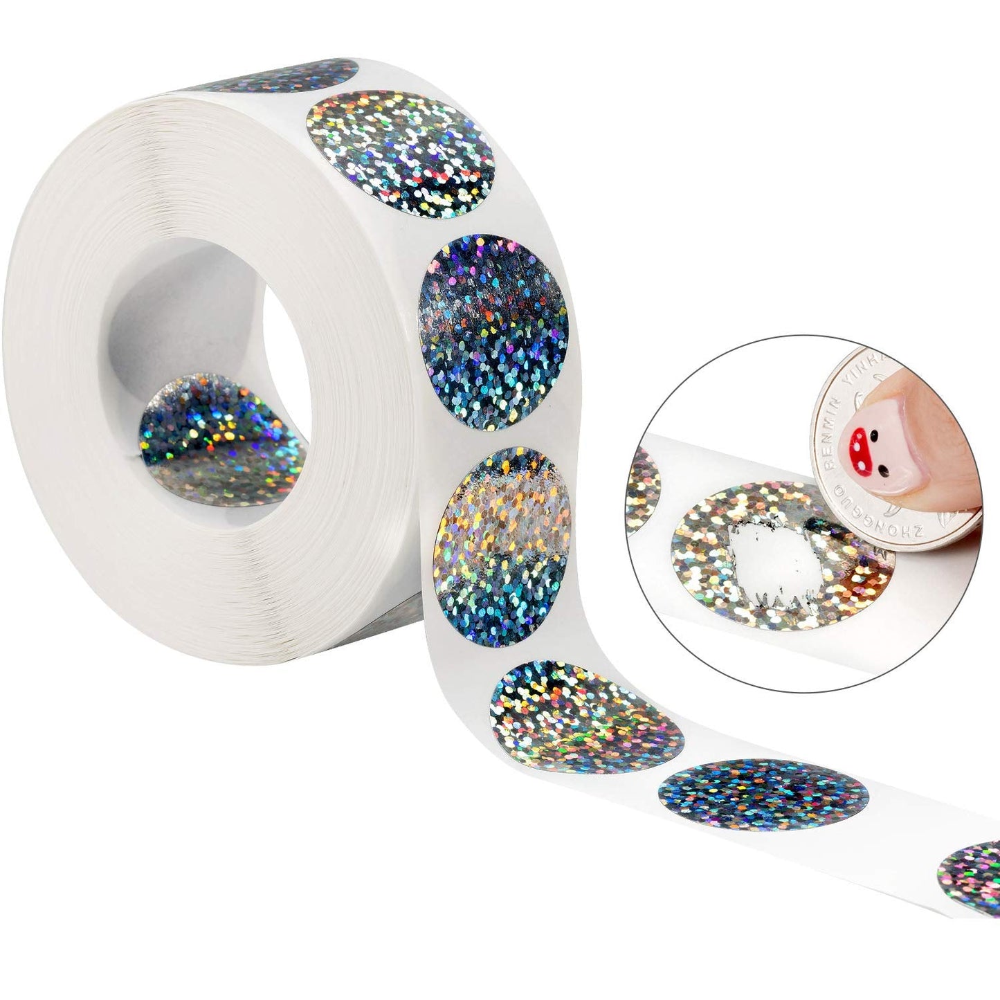 Leinuosen 1000 Pieces Scratch Offs Sticker DIY Holographic Circle Stickers Round Silver Hologram Glitter Labels Make Your Own Lottery Ticket Gift for Office Party Games,1 x 1 Inch Circle