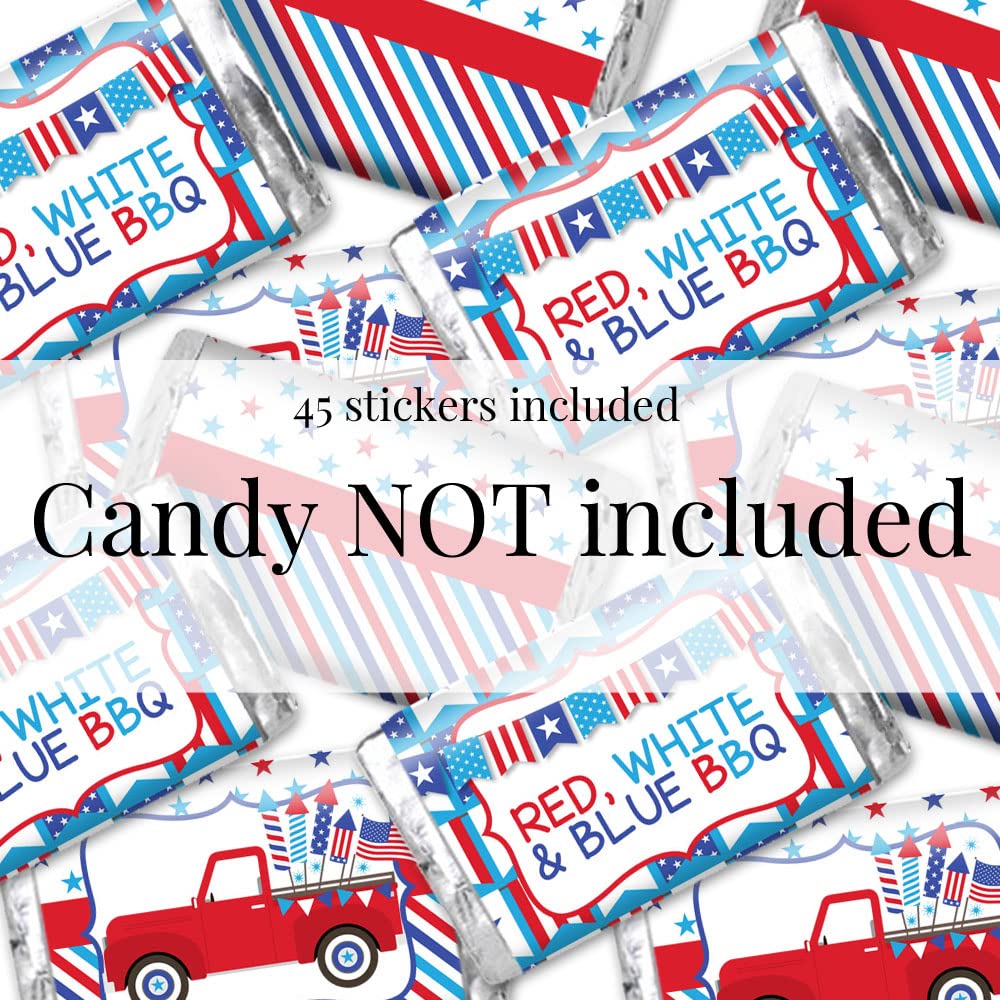 Red, White & Blue BBQ Party Mini Chocolate Candy Bar Sticker Wrappers, 45 1.4" x 2.6" Wrap Around Labels by Amanda Creation, Great for Party Favors