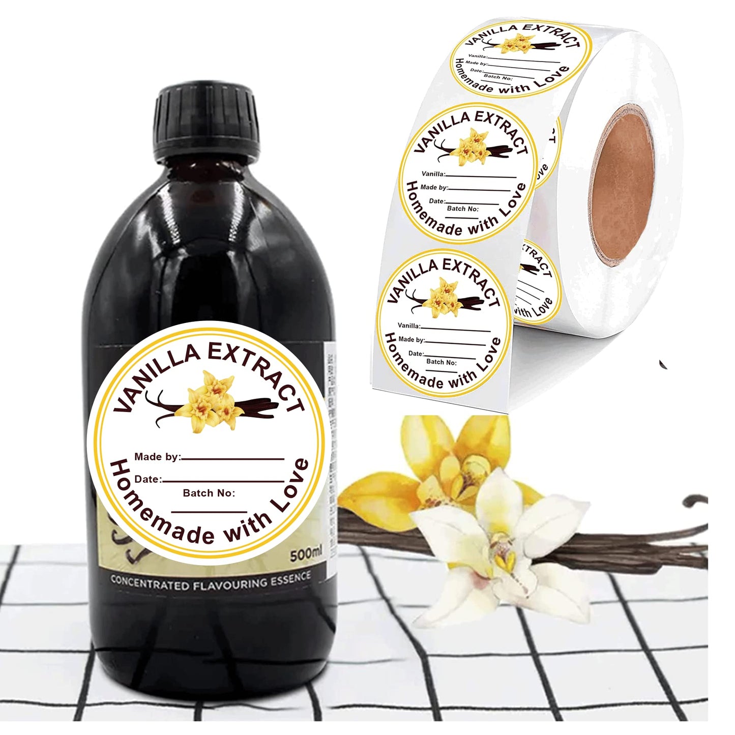 500 Pcs Vanilla Extract Stickers Labels Christmas Gift Stickers for Bottle Vanilla 2 in Homemade with Love Vanilla Extract Sticker for Handcrafted Vanillas Bottles,Kitchen Pantry,Jar,Organization 2 Inch White