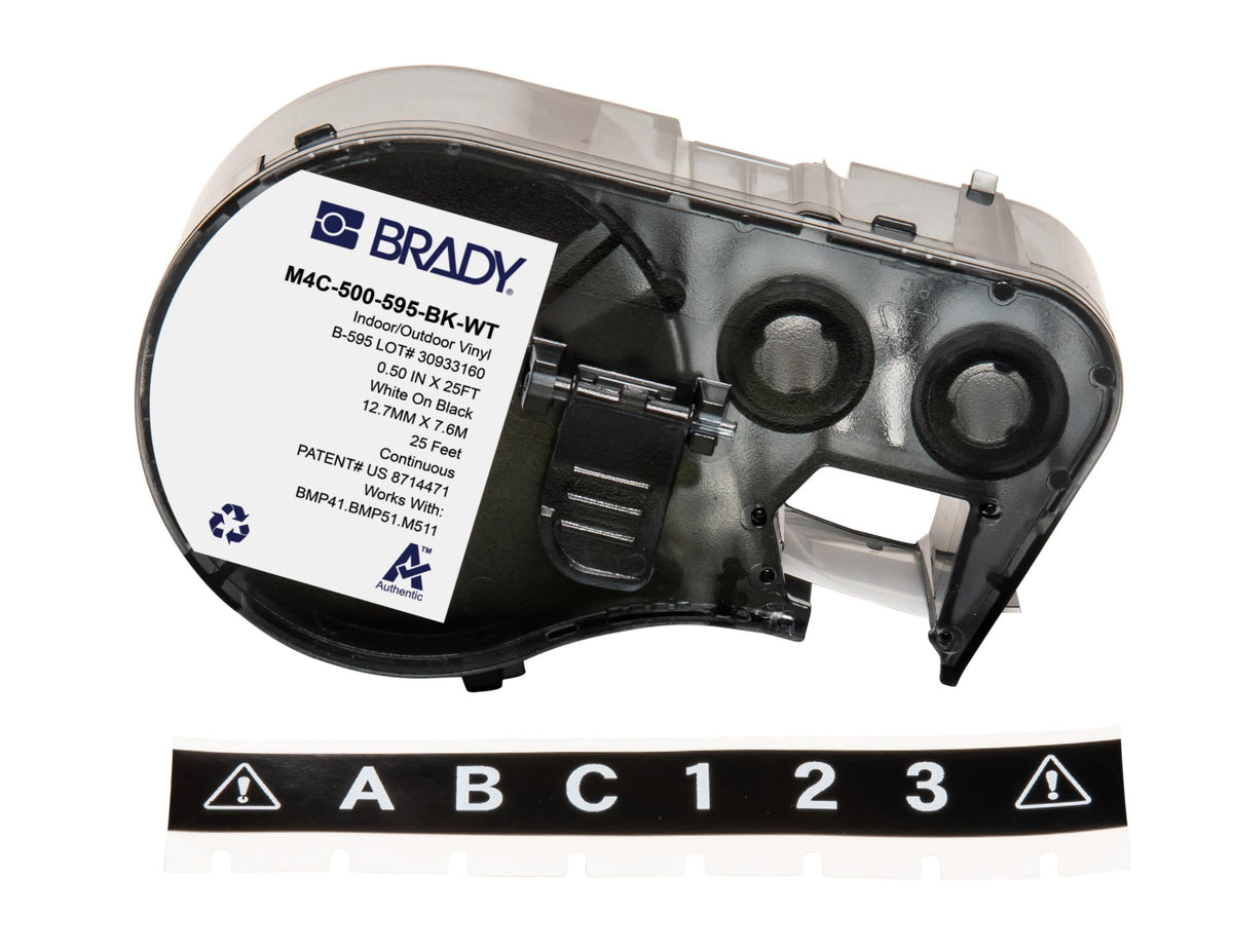 Brady Authentic (M4C-500-595-BK-WT) All-Weather Vinyl Labels 0.5 in W x 25ft White on Black. for use with BMP41, BMP51, M410, M510, and M511 Label Printers.